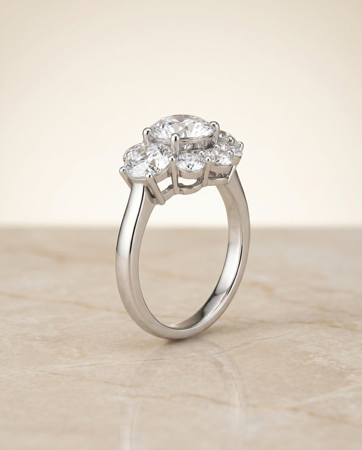 Round Brilliant, Modern Blossom Cluster, in Platinum – angled view | RockHer