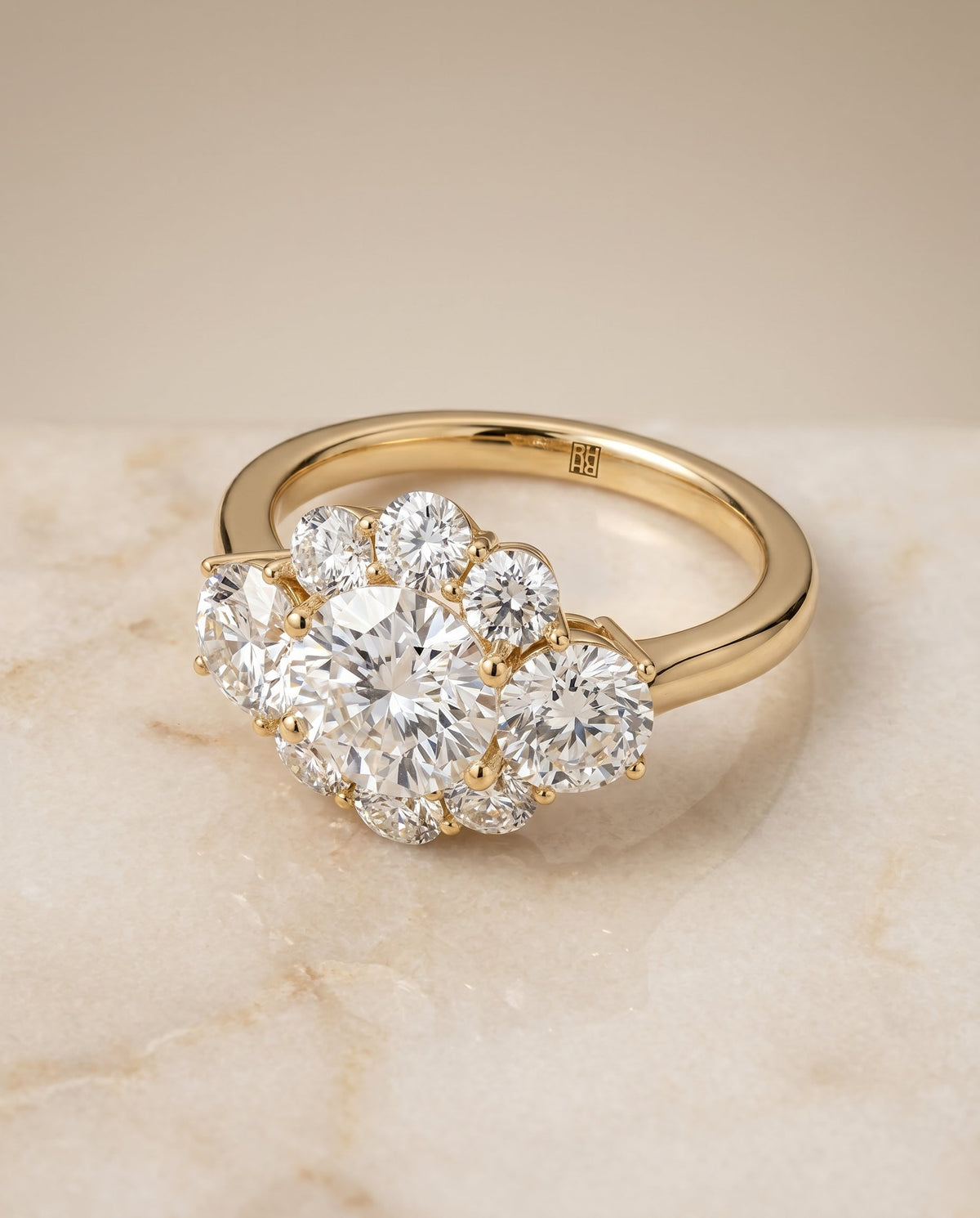 Pamina Select Cluster Halo Round Lab Diamond Engagement Ring in 18K Yellow Gold, alternate angle | RockHer