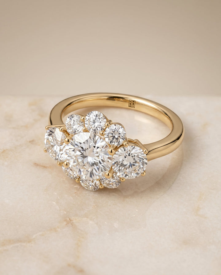 Pamina Select Cluster Halo Round Lab Diamond Engagement Ring in 18K Yellow Gold, alternate angle | RockHer