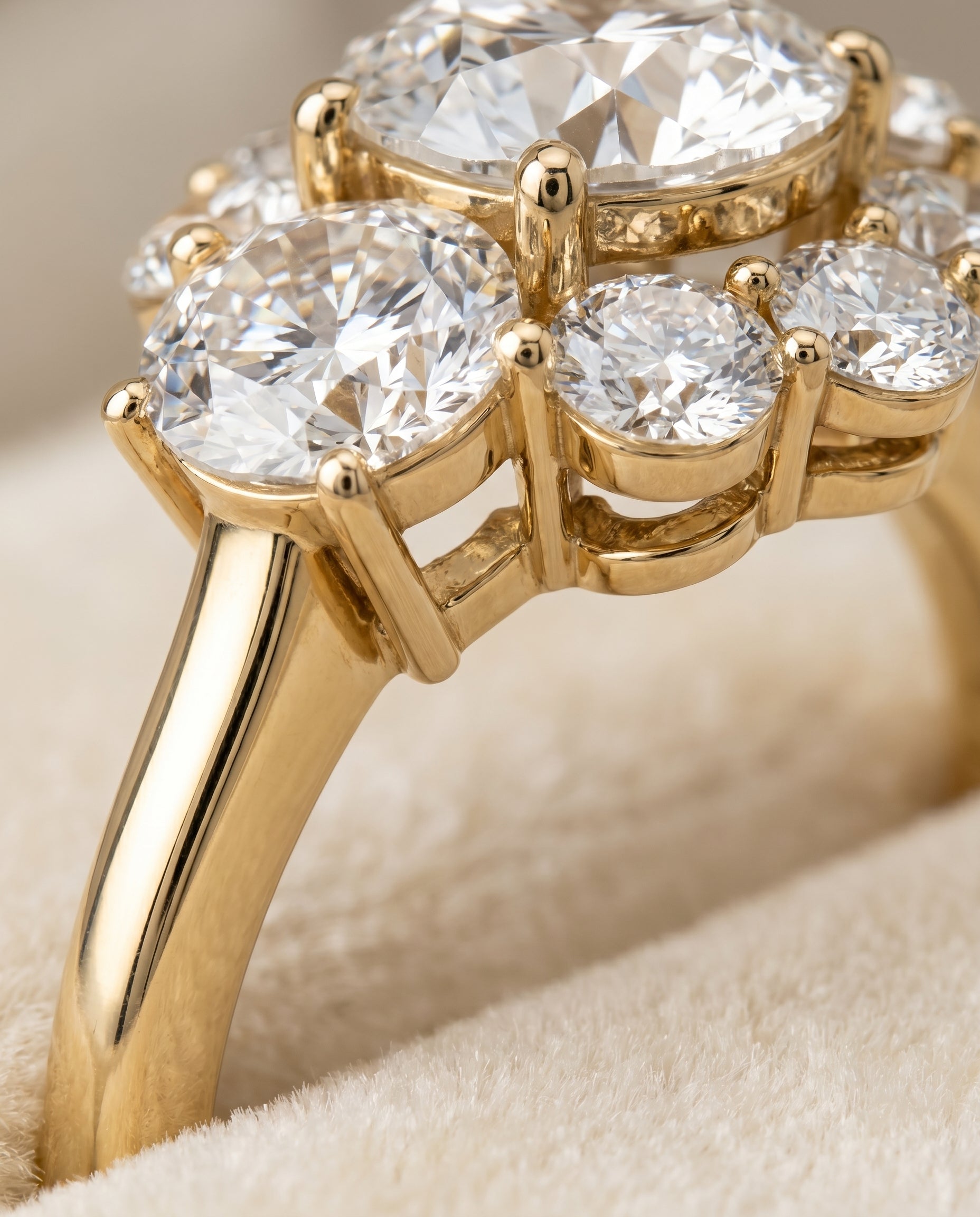Pamina Select Cluster Halo Round Lab Diamond Engagement Ring in 18K Yellow Gold, detail view | RockHer