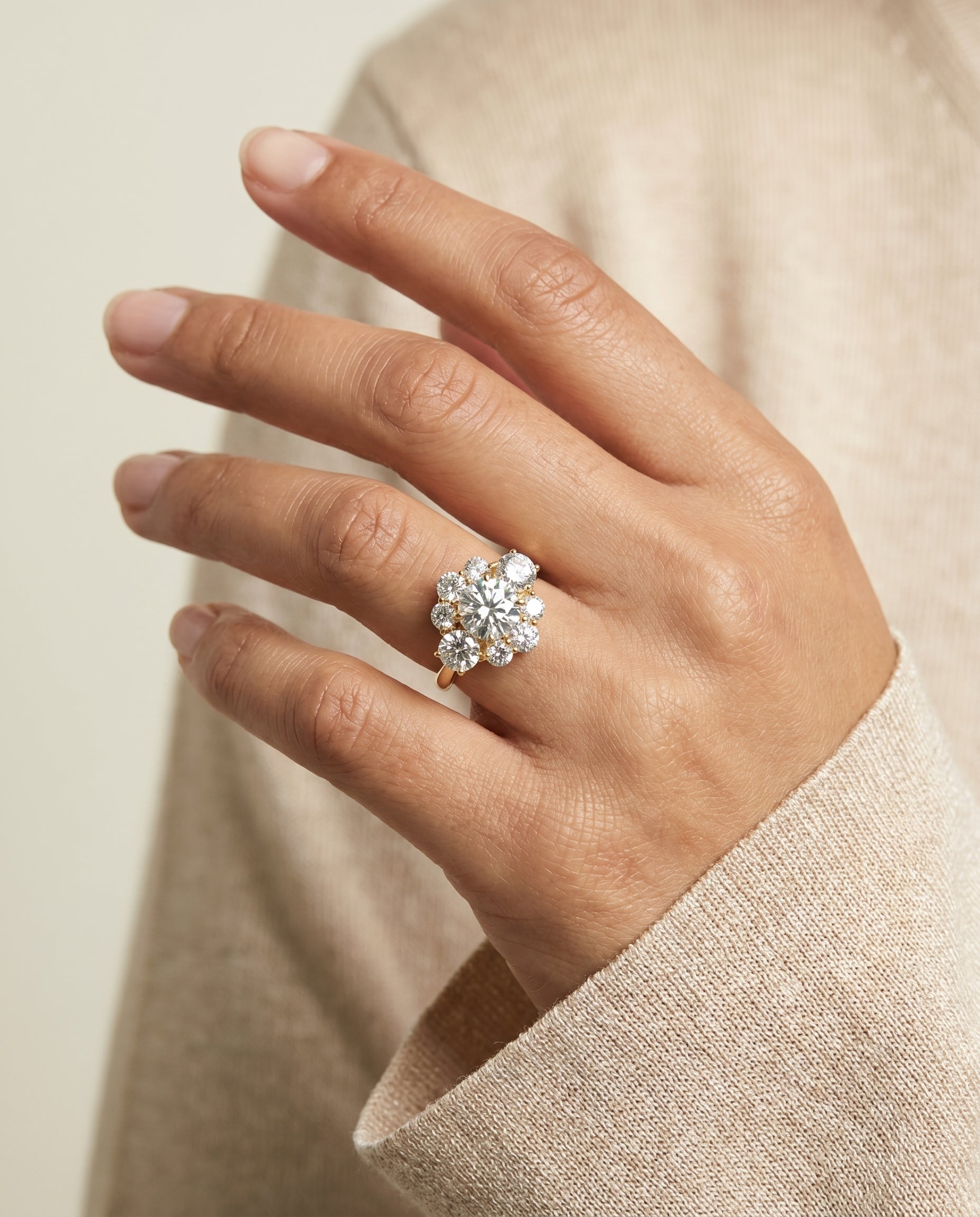 The Pamina engagement ring setting in 18K Yellow Gold, cluster halo design | RockHer