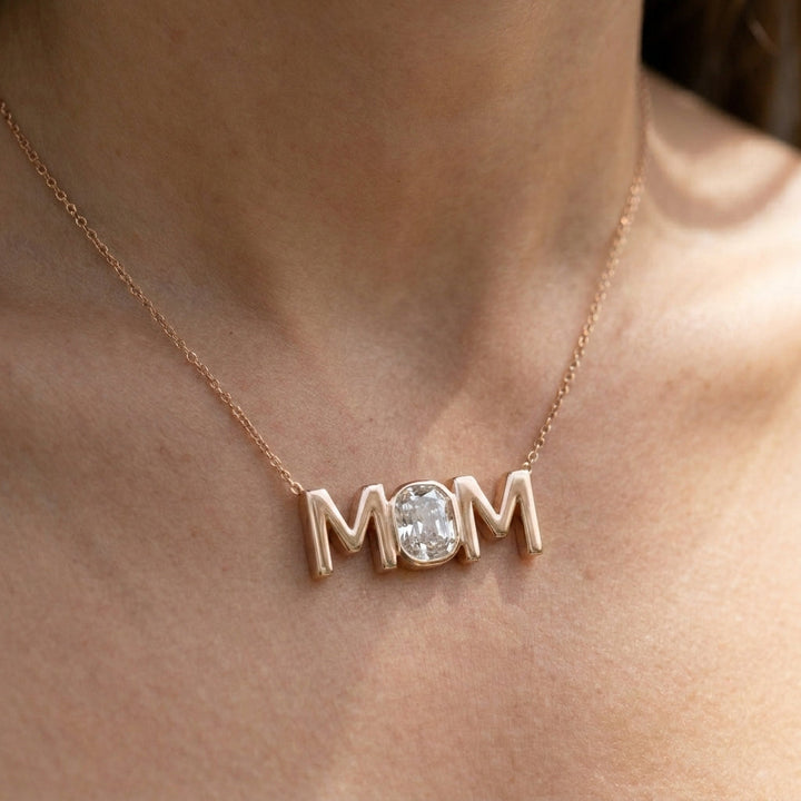 MOM lab-grown diamond necklace in 14K Rose Gold, worn on neck