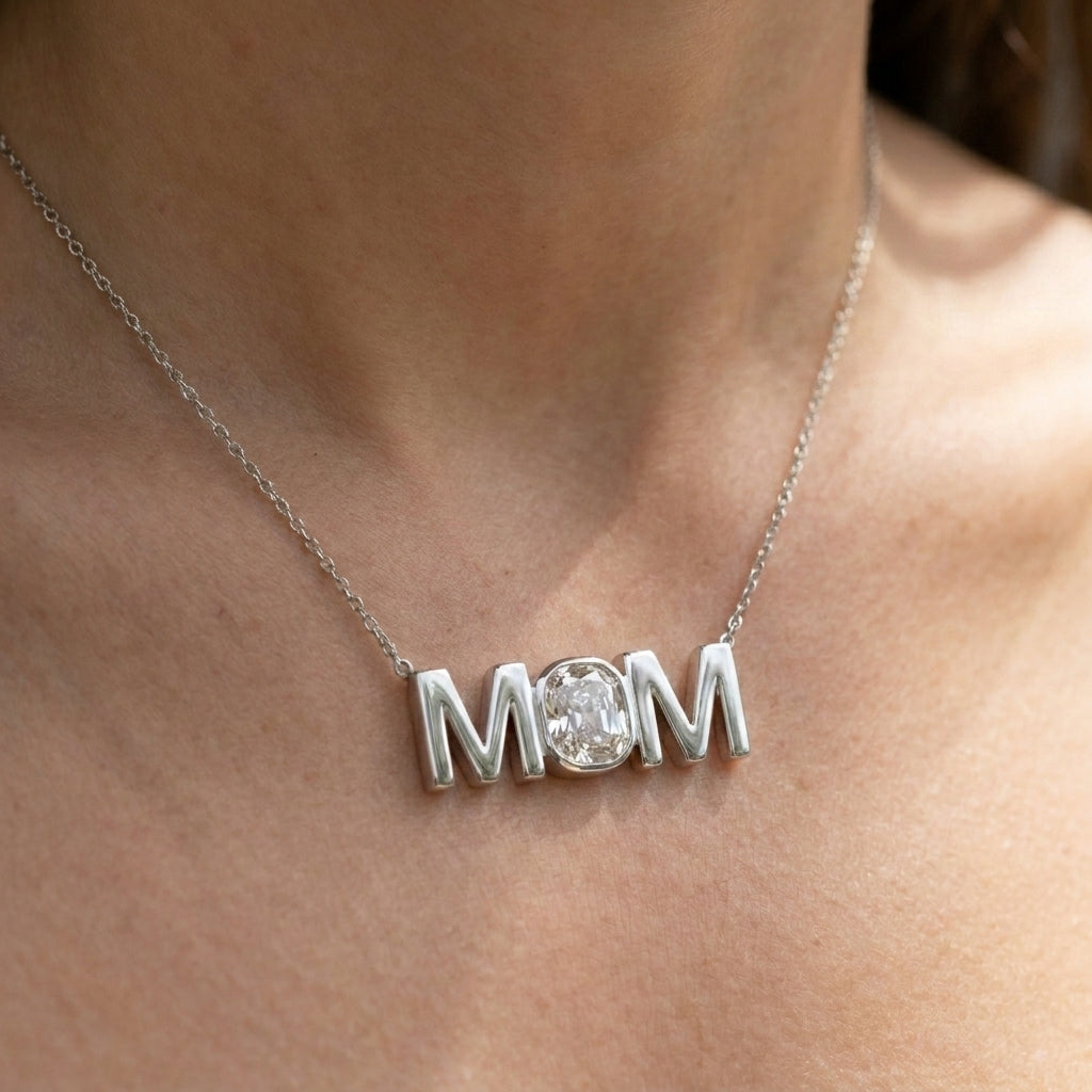 MOM lab-grown diamond necklace in 14K White Gold, worn on neck