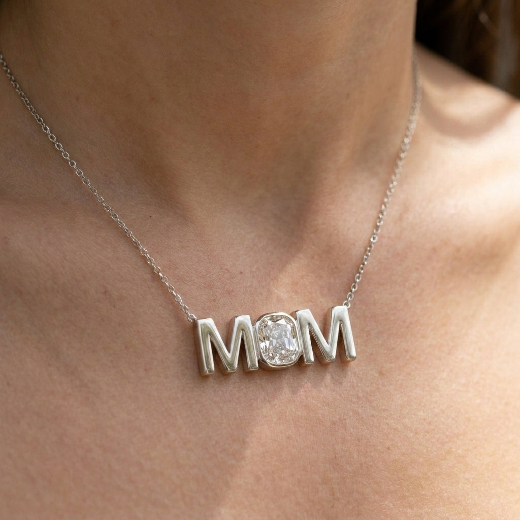 MOM lab-grown diamond necklace in Platinum, worn on neck