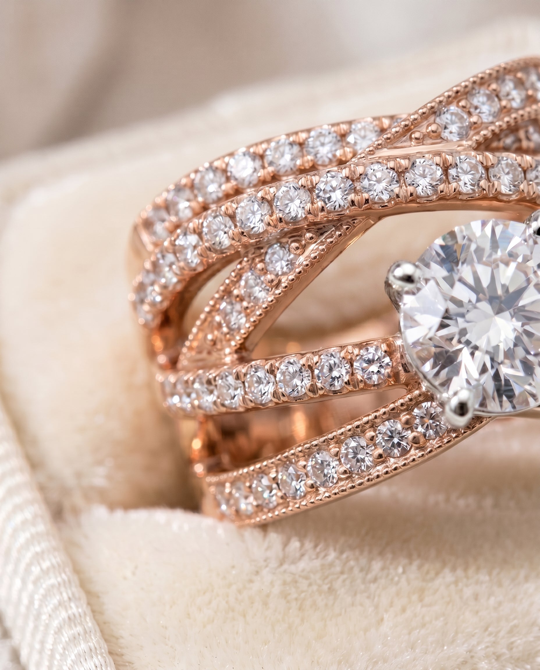 Violetta Select Multi Layer Interweave Pavé Round Lab Diamond Engagement Ring in 14K Rose Gold, detail view | RockHer