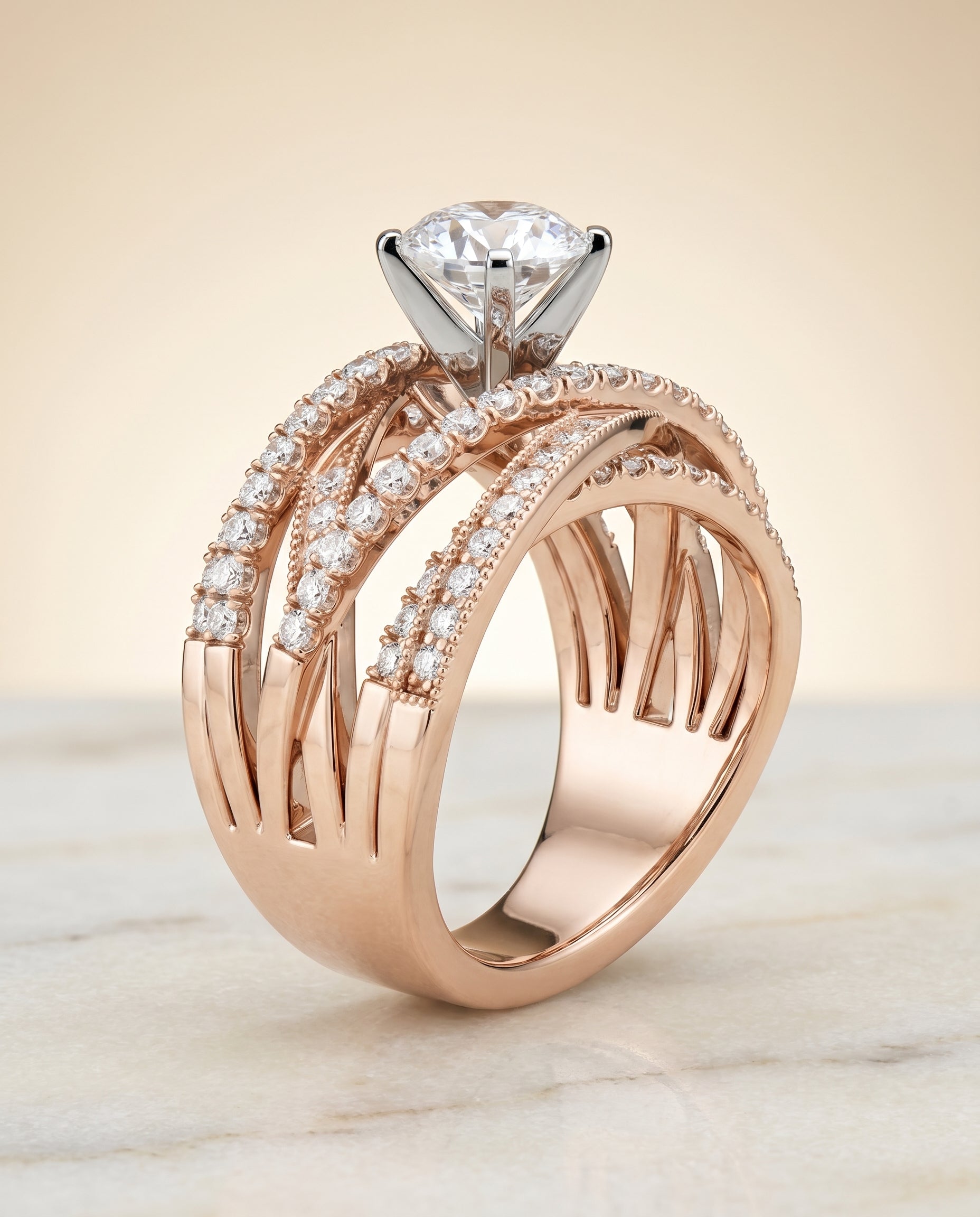 Multi Layer Interweave Pavé styling on The Violetta round engagement ring setting | RockHer