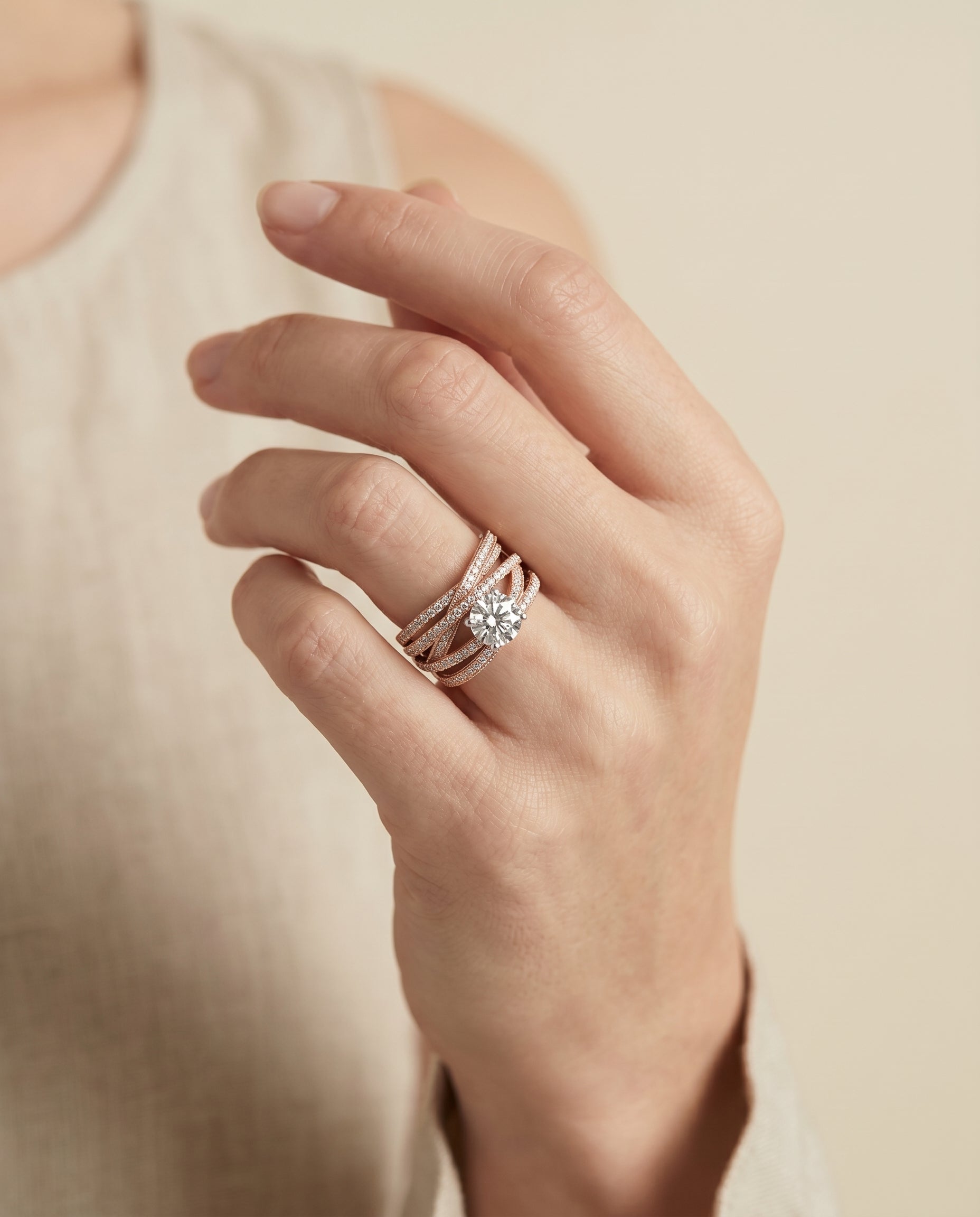The Violetta engagement ring setting in 14K Rose Gold, multi layer interweave pavé design | RockHer