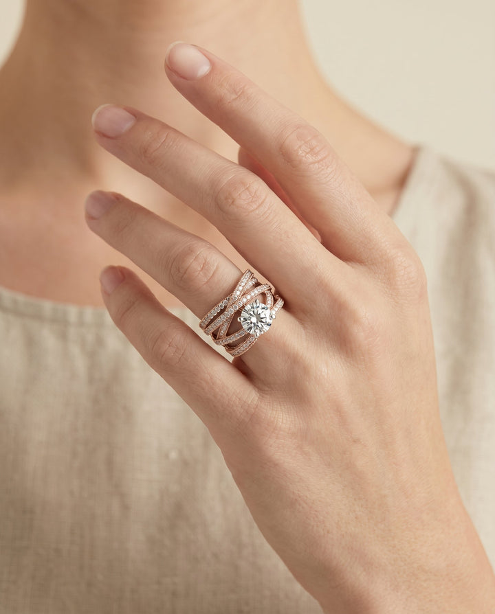 Violetta Select Multi Layer Interweave Pavé Round Lab Diamond Engagement Ring in 14K Rose Gold, shown on hand | RockHer