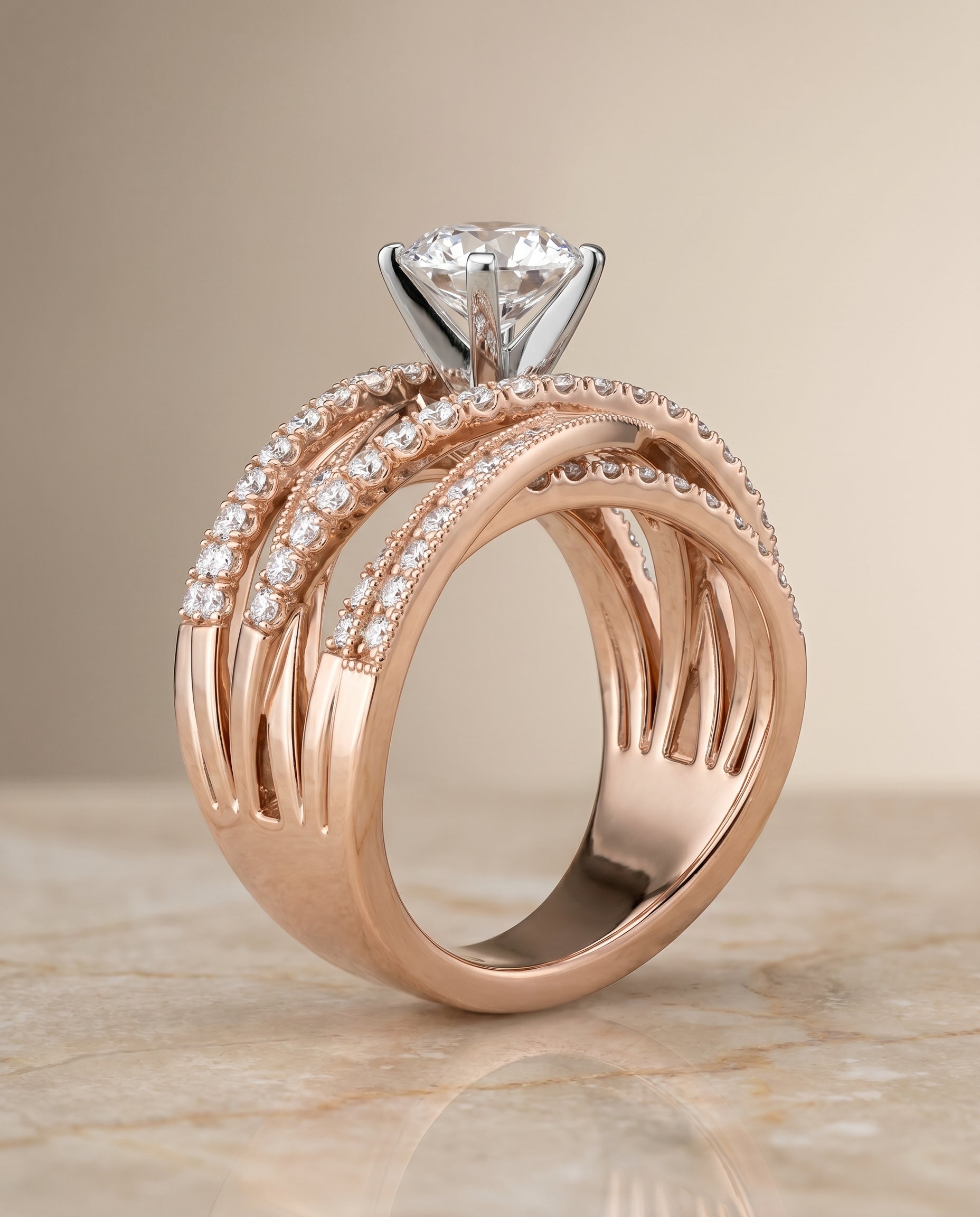 The Violetta multi layer interweave pavé engagement ring setting, shown in 14K Rose Gold | RockHer