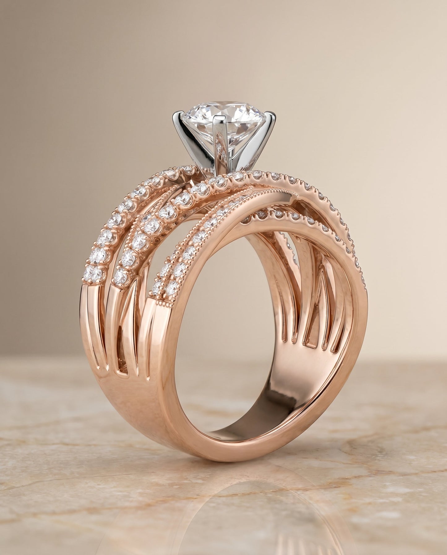 Violetta Select Multi Layer Interweave Pavé Round Lab Diamond Engagement Ring in 14K Rose Gold, side view | RockHer
