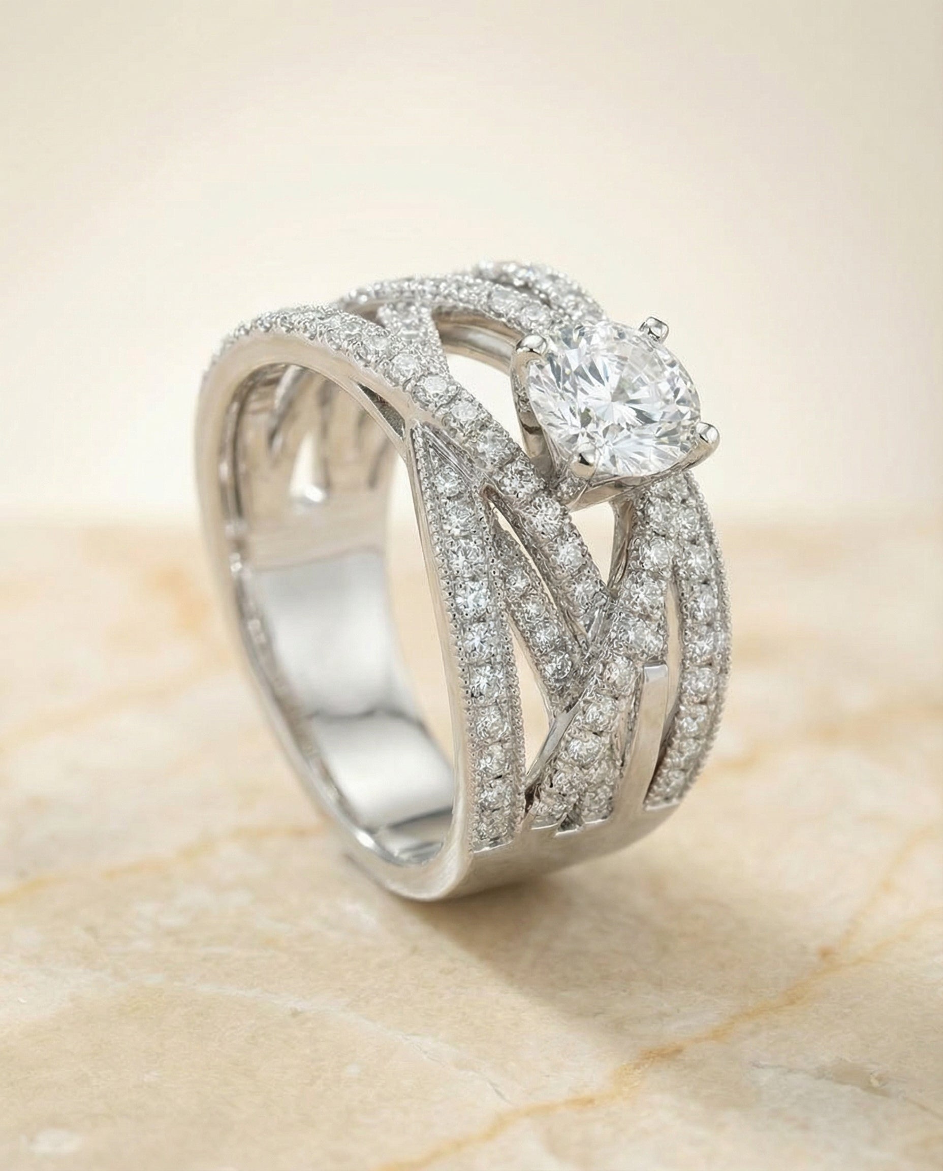 The Violetta multi layer interweave pavé engagement ring setting, shown in 18K White Gold | RockHer