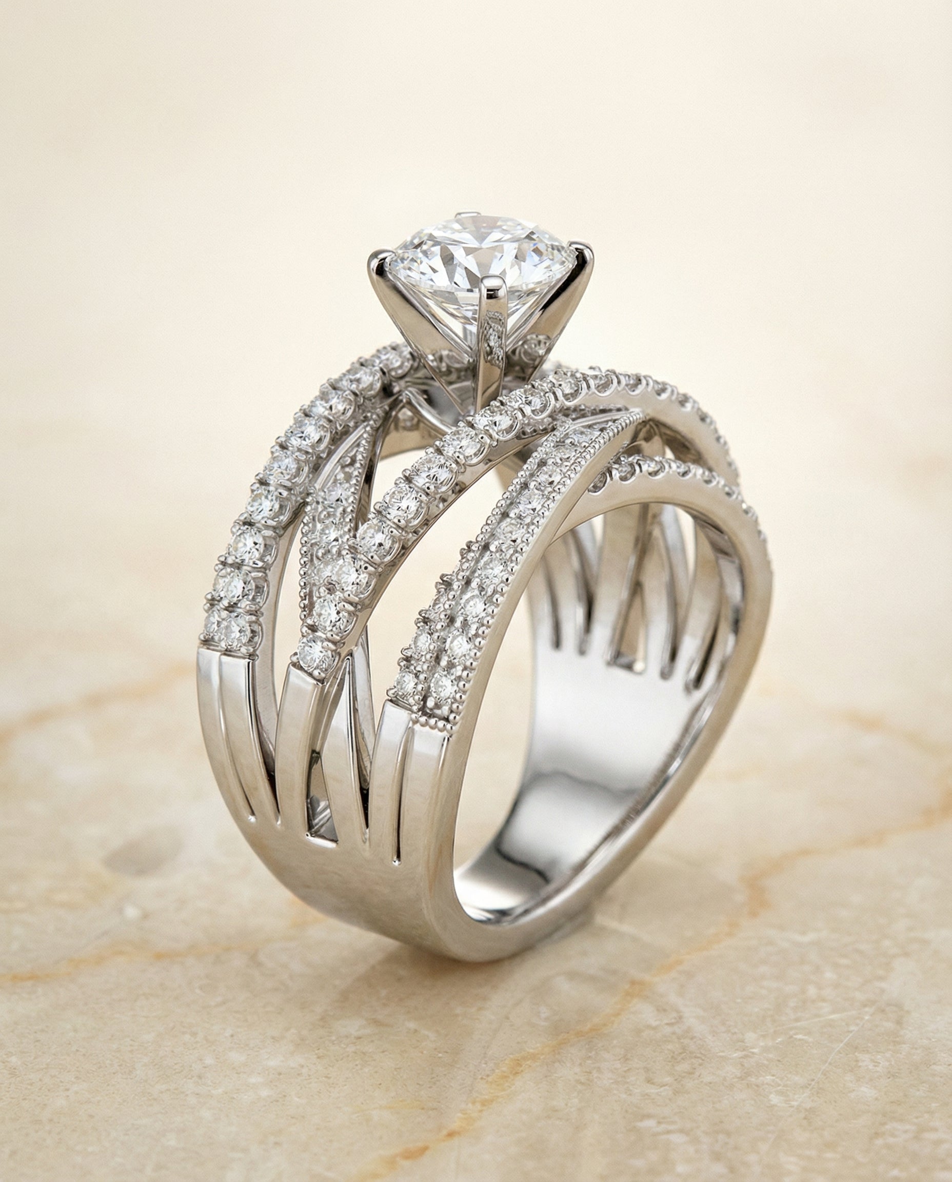 Multi Layer Interweave Pavé styling on The Violetta round engagement ring setting | RockHer