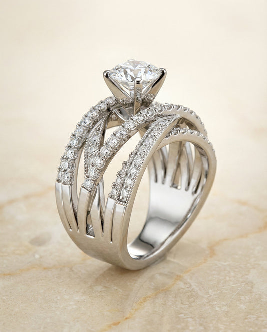 The Violetta Select Multi Layer Interweave Pave Solitaire Engagement Ring with Lab Diamond in 18K White Gold — view 1