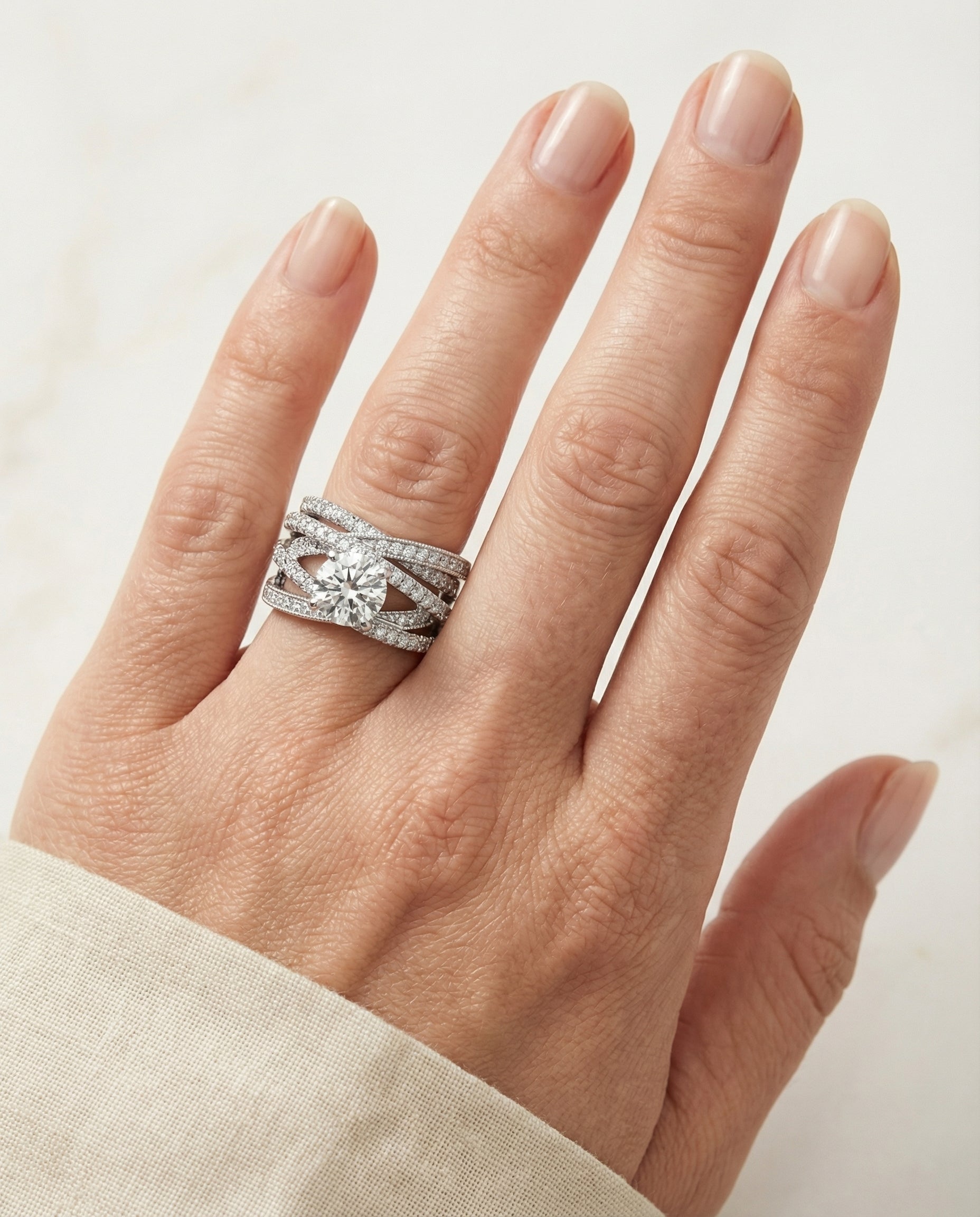 The Violetta engagement ring setting in 18K White Gold, multi layer interweave pavé design | RockHer