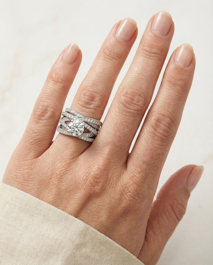 Round Brilliant, Multi-Layer Interweave Pavé, in 18K White Gold – lifestyle shot | RockHer