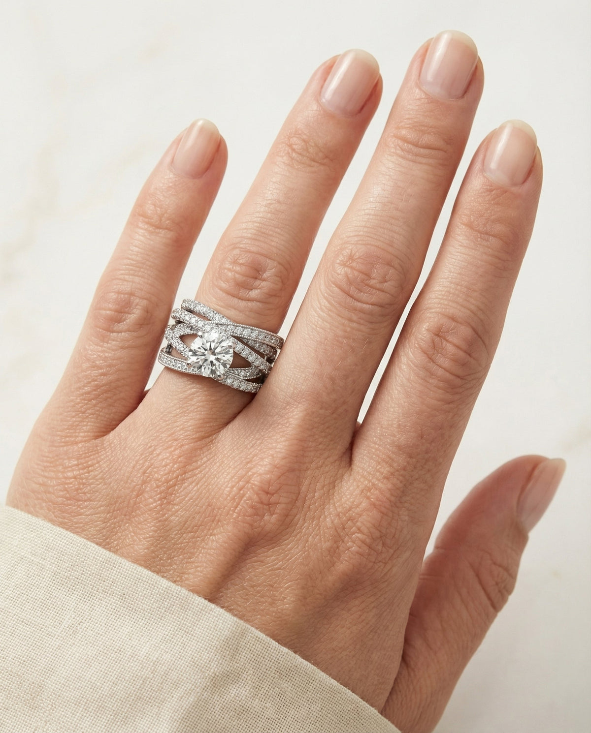 The Violetta engagement ring setting in 18K White Gold, select multi layer interweave pavé solitaire design | RockHer