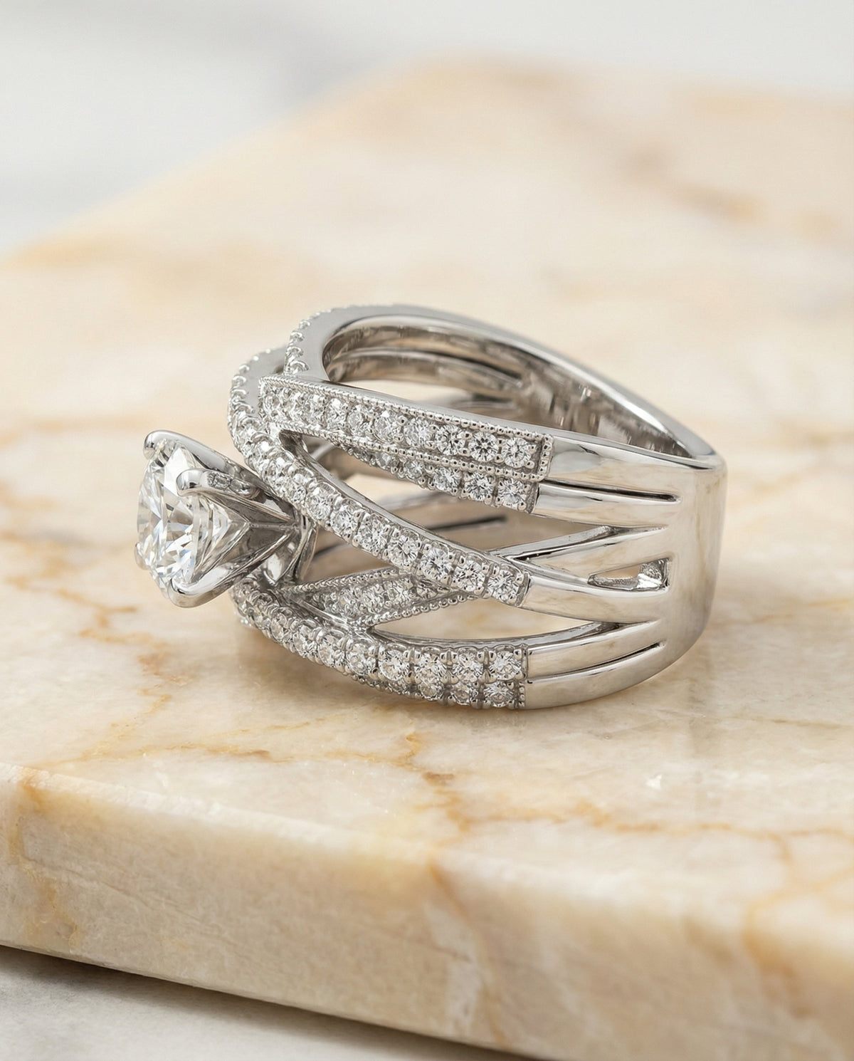 Violetta Select Multi Layer Interweave Pavé Solitaire Round Lab Diamond Engagement Ring in Platinum, side view | RockHer