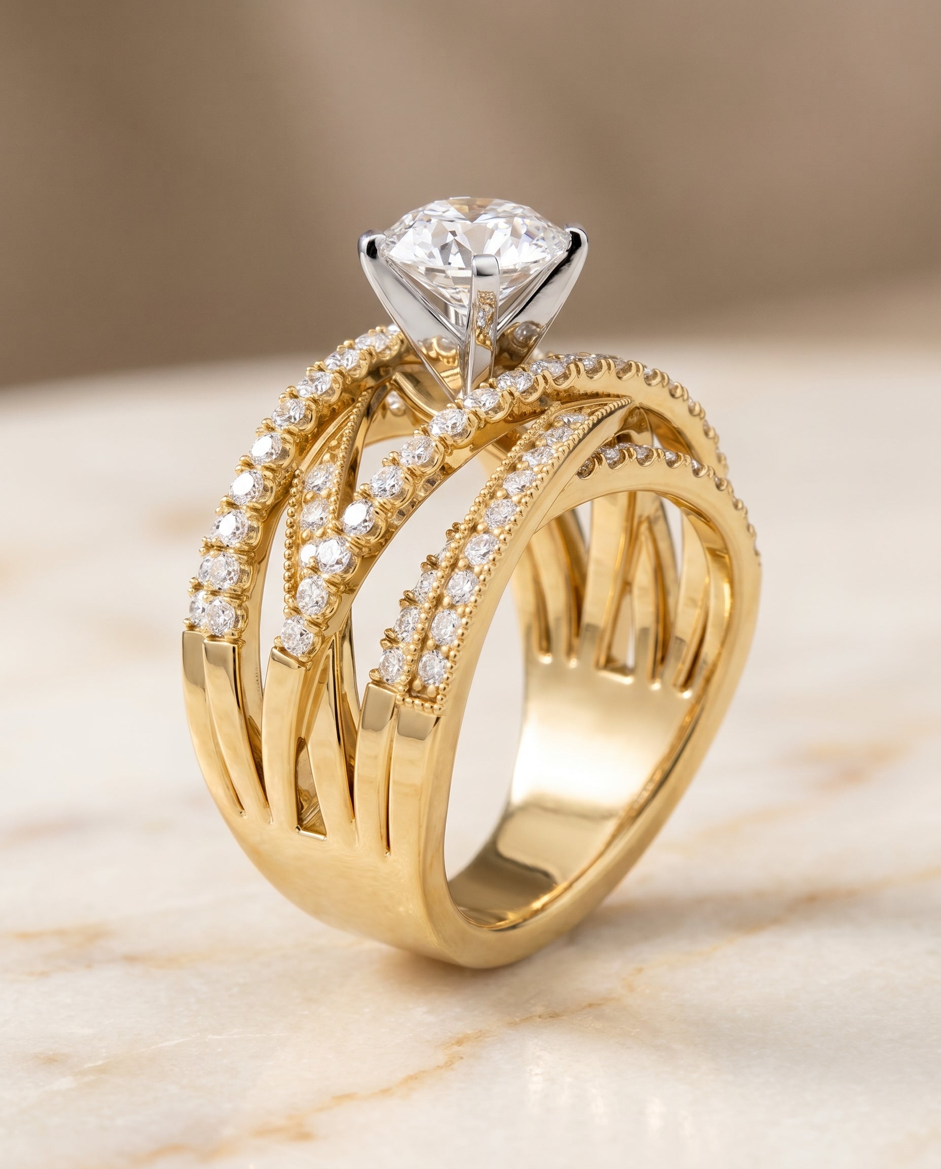 The Violetta multi layer interweave pavé engagement ring setting, shown in 18K Yellow Gold | RockHer