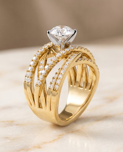 The Violetta Multi Layer Interweave Pavé Round Engagement Ring Setting in 18K Yellow Gold