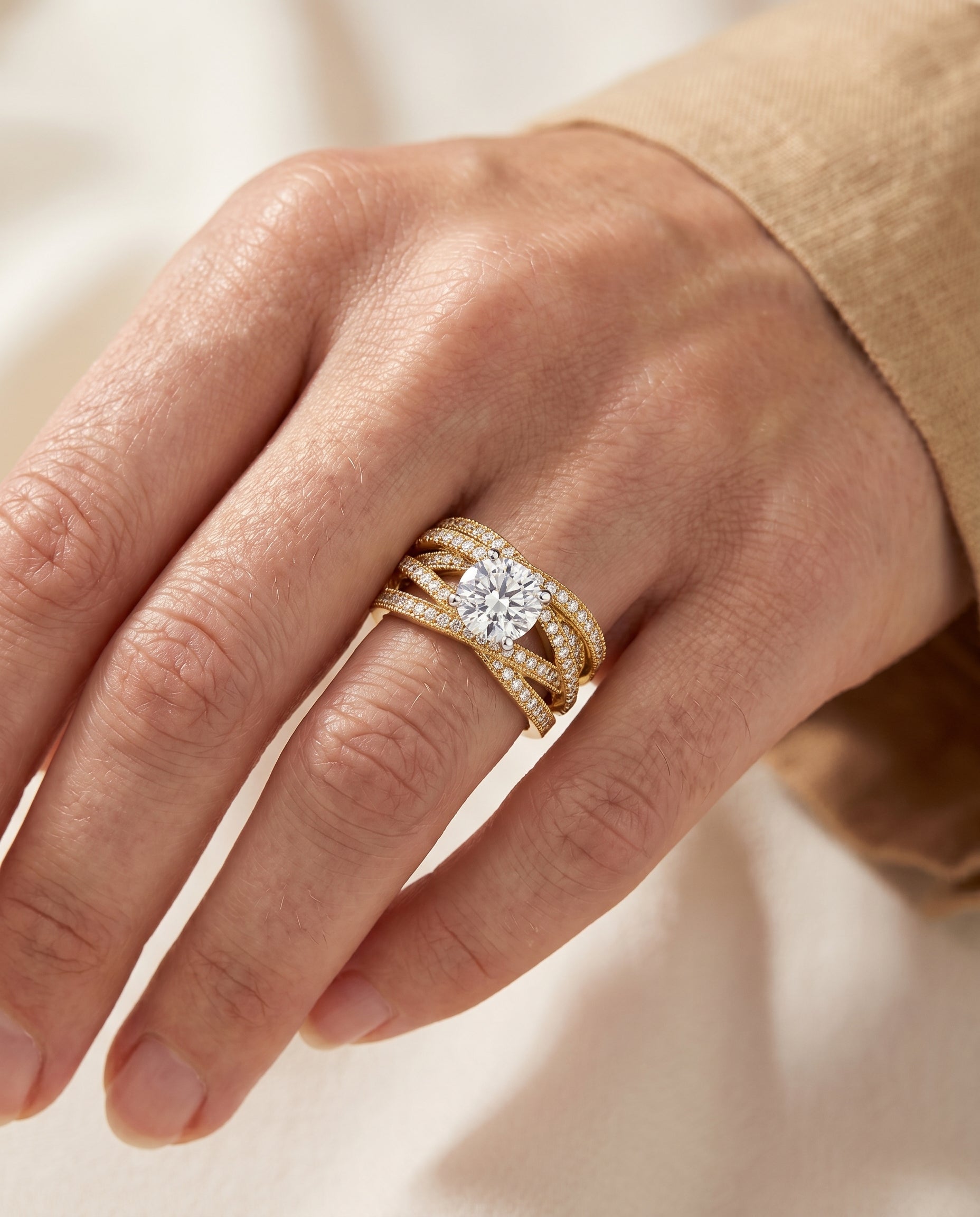 The Violetta engagement ring setting in 18K Yellow Gold, multi layer interweave pavé design | RockHer
