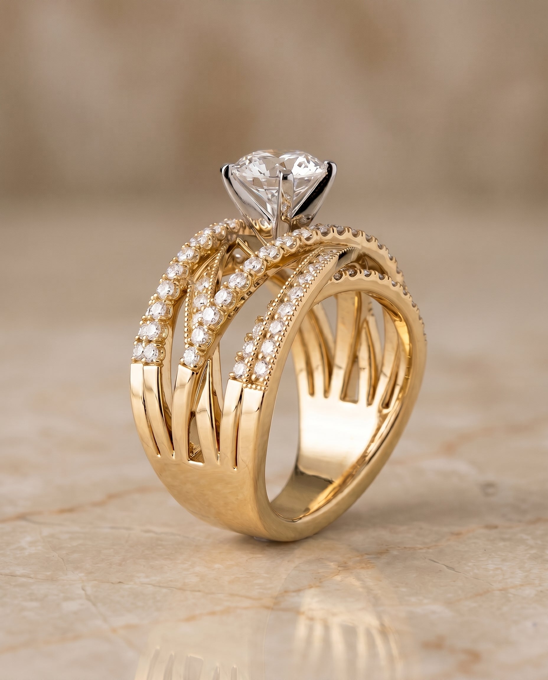 Multi Layer Interweave Pavé styling on The Violetta round engagement ring setting | RockHer