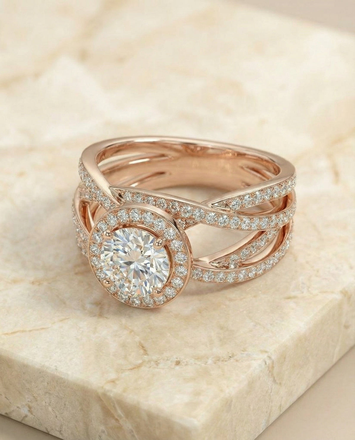 Rosina Select Open Intertwined Pavé Row Round Lab Diamond Engagement Ring in 14K Rose Gold, alternate angle | RockHer