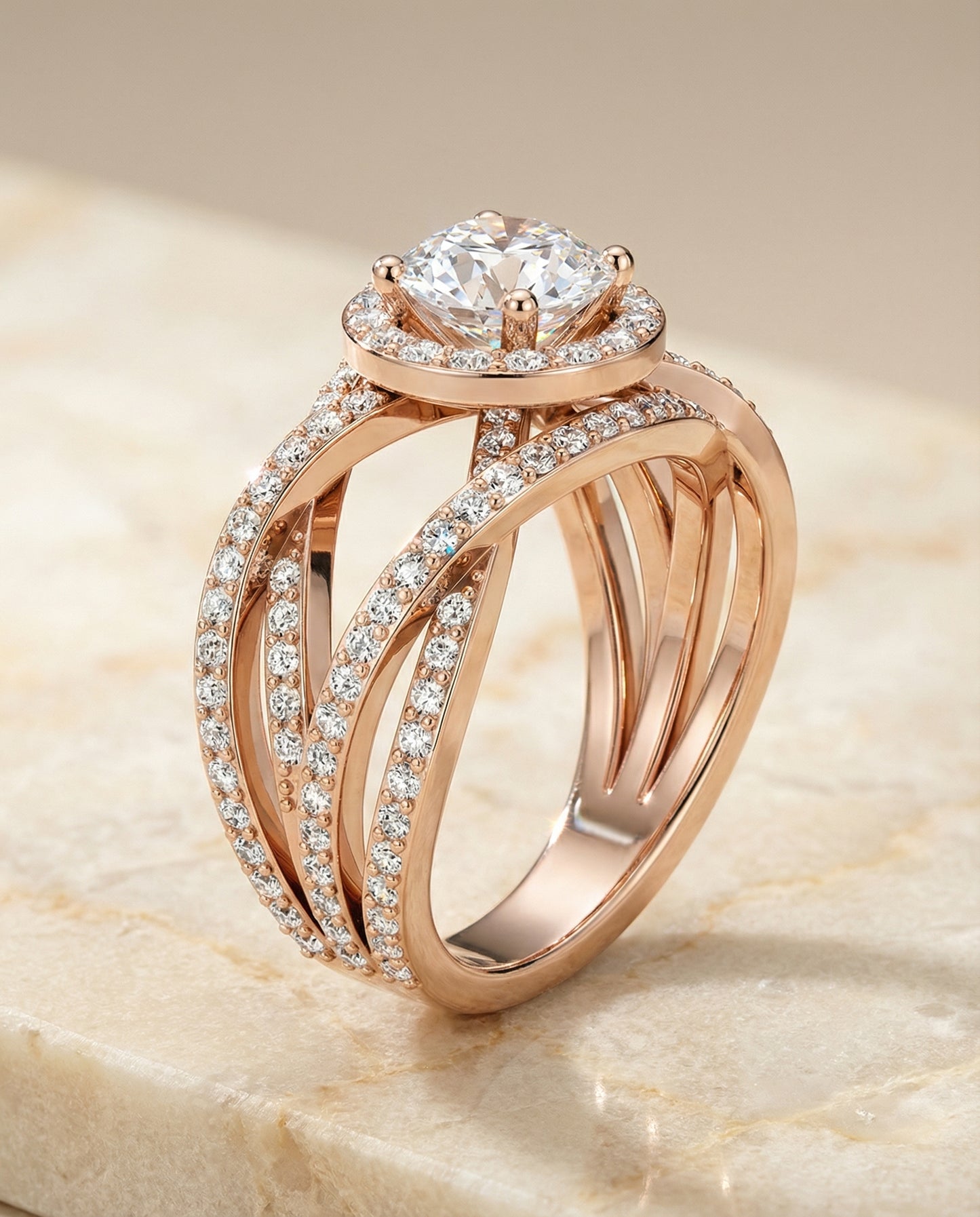 Round Brilliant, Open Intertwined Pavé Row, in 14K Rose Gold, prong setting – front view | RockHer