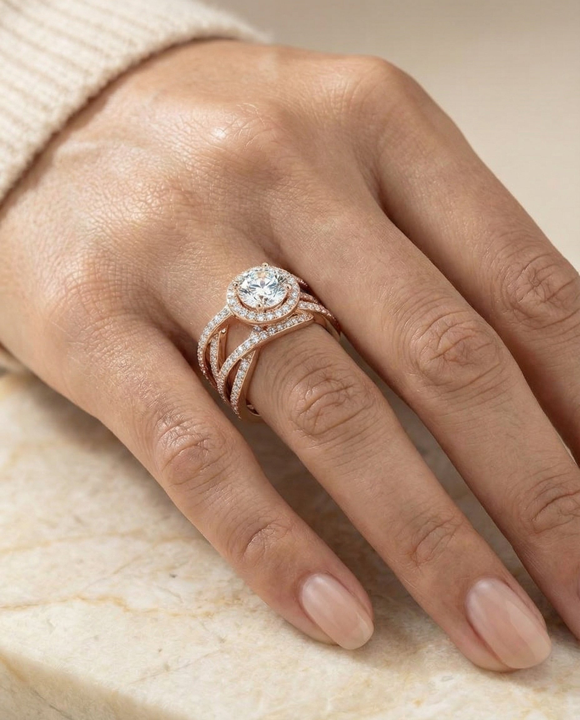 Rosina Select Open Intertwined Pavé Row Round Lab Diamond Engagement Ring in 14K Rose Gold, shown on hand, angled | RockHer