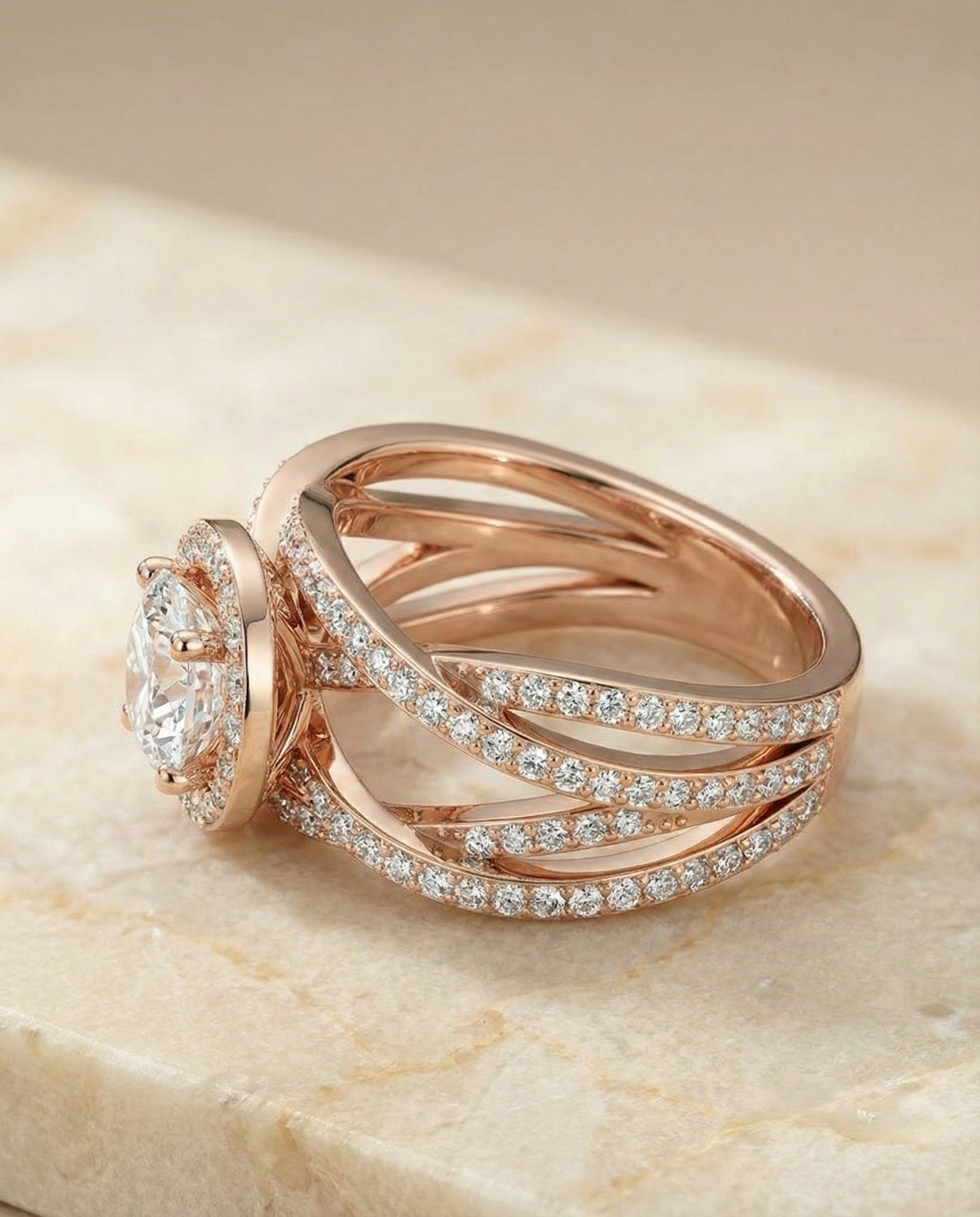 The Rosina open intertwined pavé row engagement ring setting, shown in 14K Rose Gold | RockHer