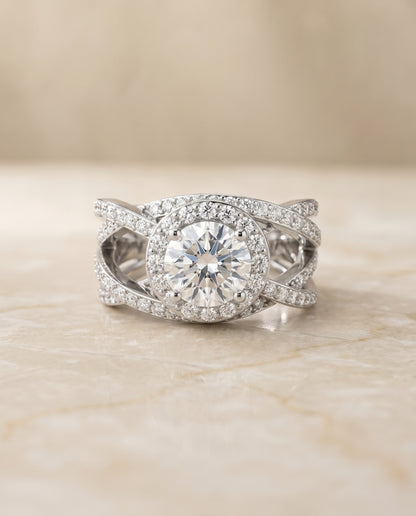 Round Brilliant, Open Intertwined Pavé Row, in 18K White Gold – angled view | RockHer