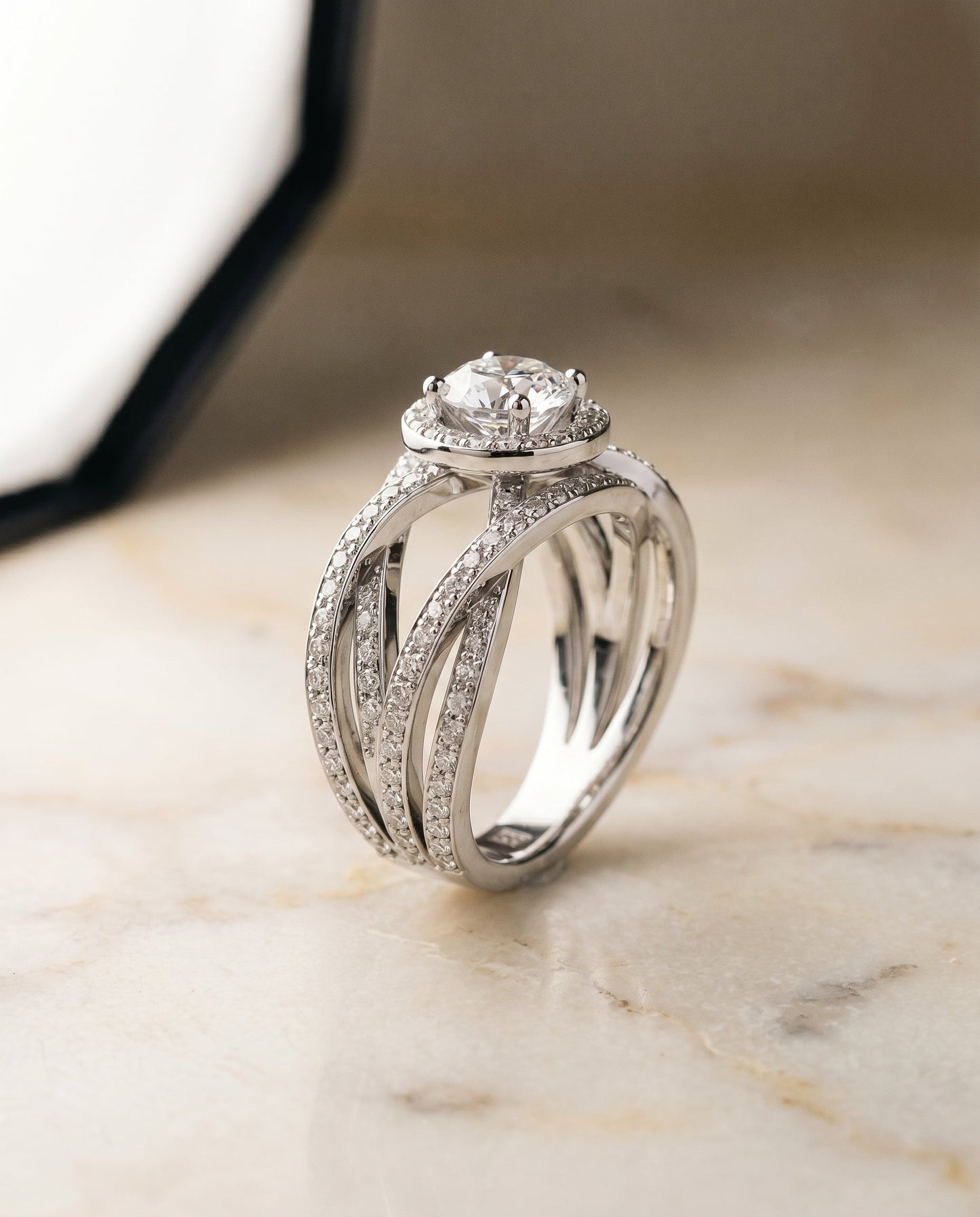 Rosina open intertwined pavé row engagement ring in 18K white gold with round lab diamond — RockHer