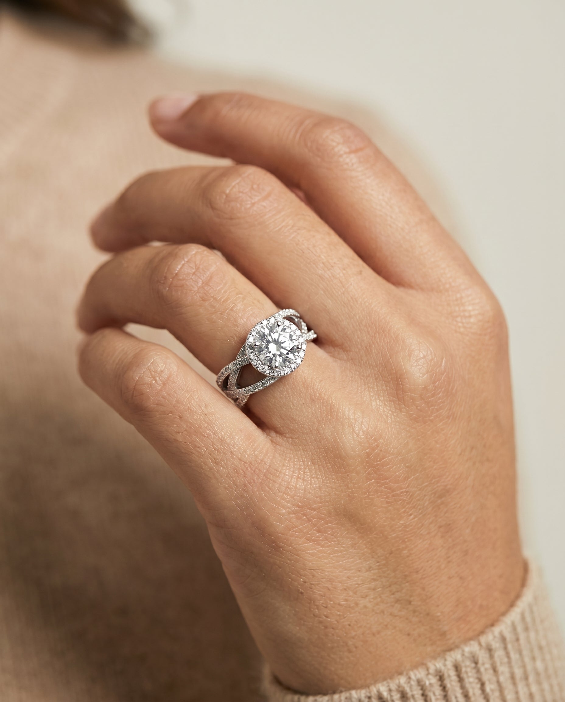 The Rosina engagement ring setting in 18K White Gold, open intertwined pavé row design | RockHer