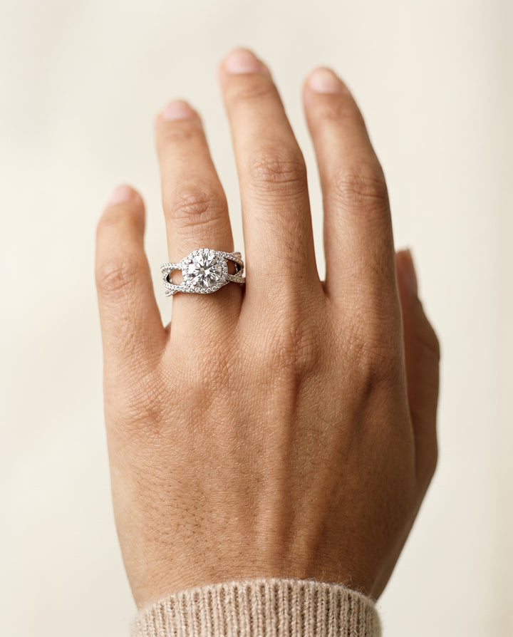 Round Brilliant, Open Intertwined Pavé Row, in 18K White Gold – lifestyle shot | RockHer