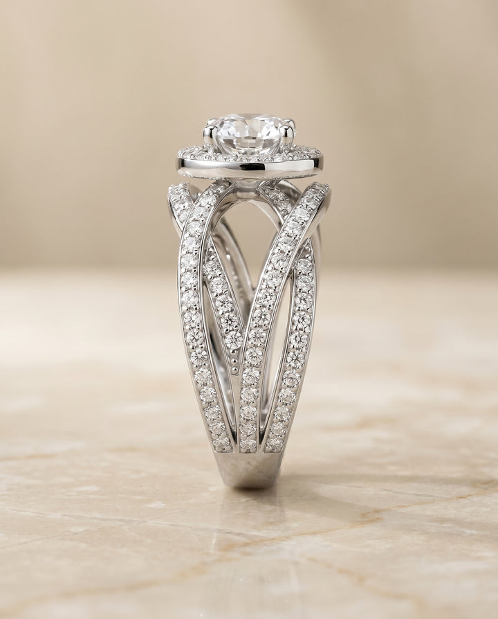 Round Brilliant, Open Intertwined Pavé Row, in 18K White Gold – side profile | RockHer