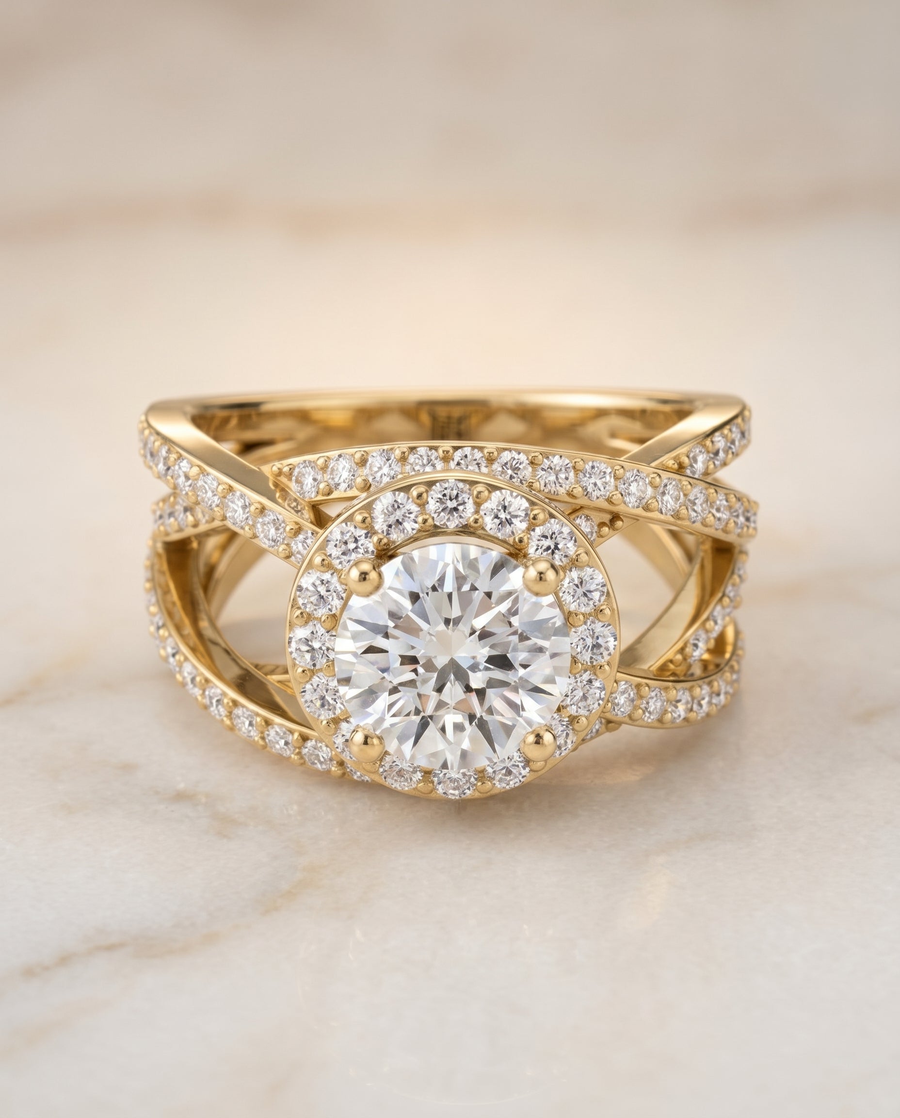 Round Brilliant, Open Intertwined Pavé Row, in 18K Yellow Gold – angled view | RockHer