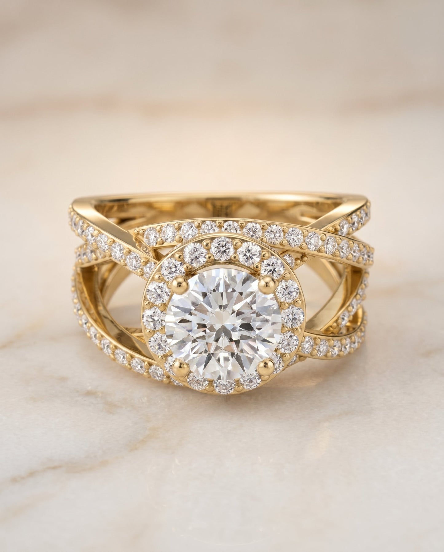 Rosina open intertwined pavé row engagement ring in 18K yellow gold with round lab diamond — RockHer