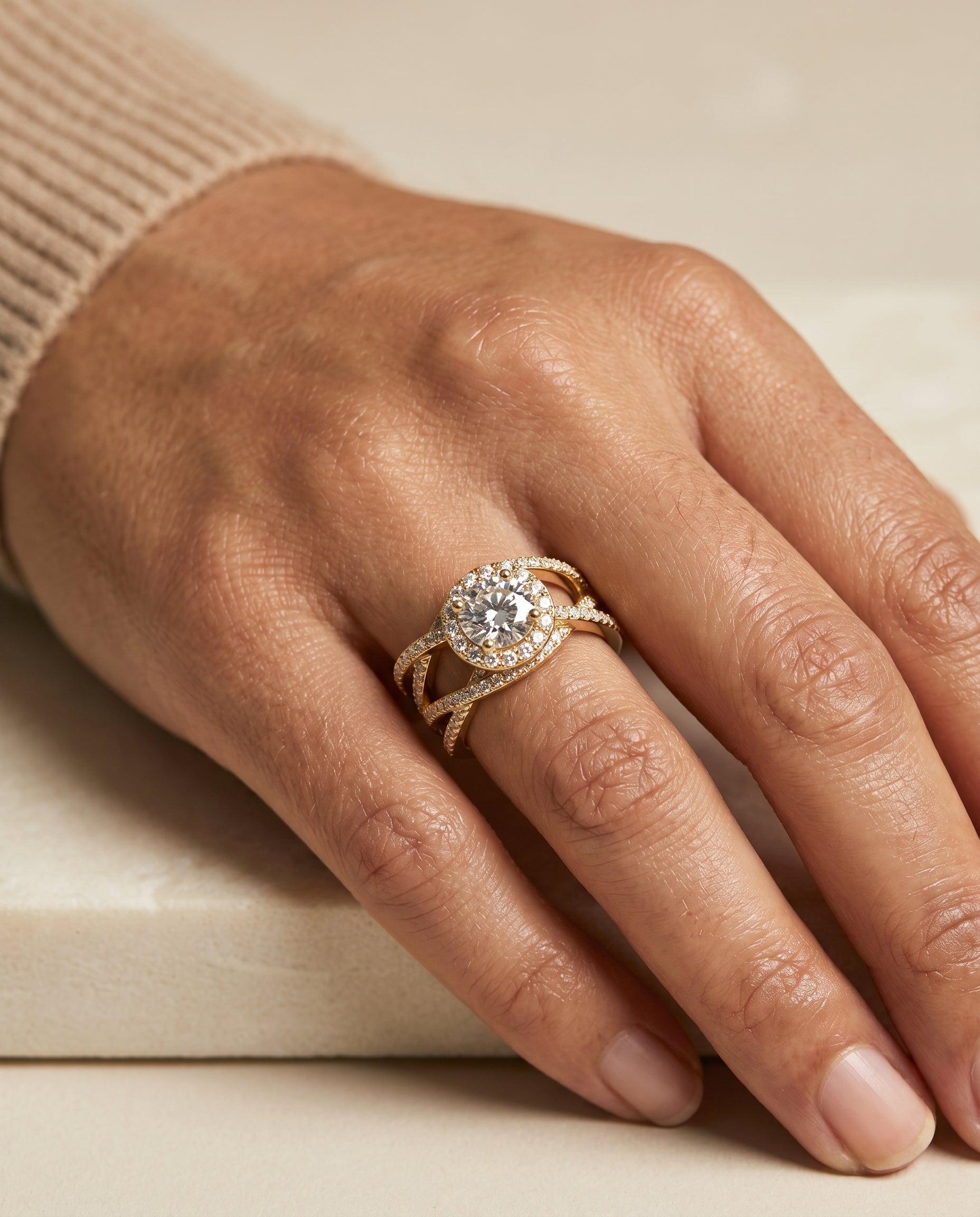 The Rosina engagement ring setting in 18K Yellow Gold, open intertwined pavé row design | RockHer