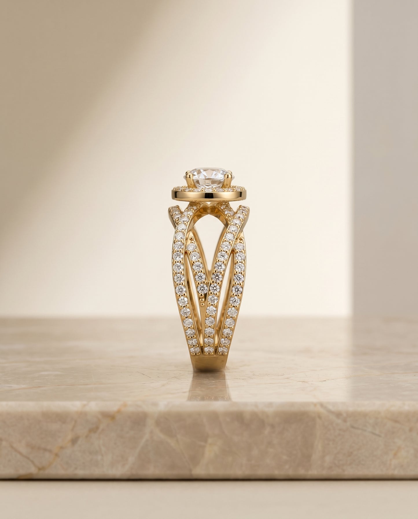 Round Brilliant, Open Intertwined Pavé Row, in 18K Yellow Gold – side profile | RockHer