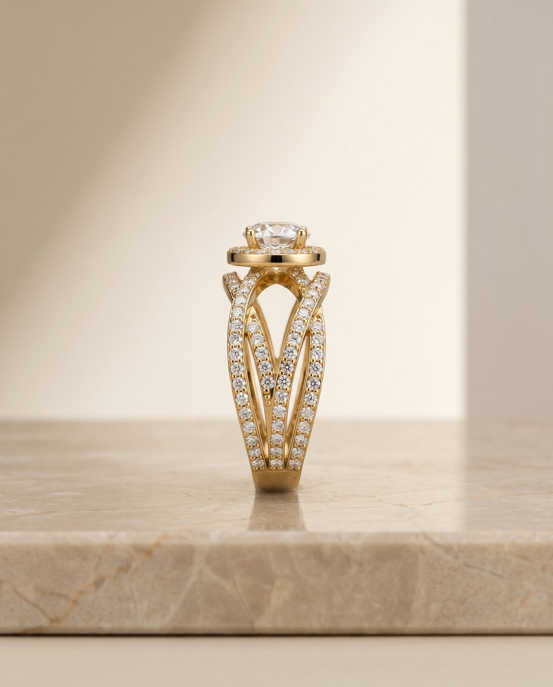 The Rosina open intertwined pavé row engagement ring setting, shown in 18K Yellow Gold | RockHer
