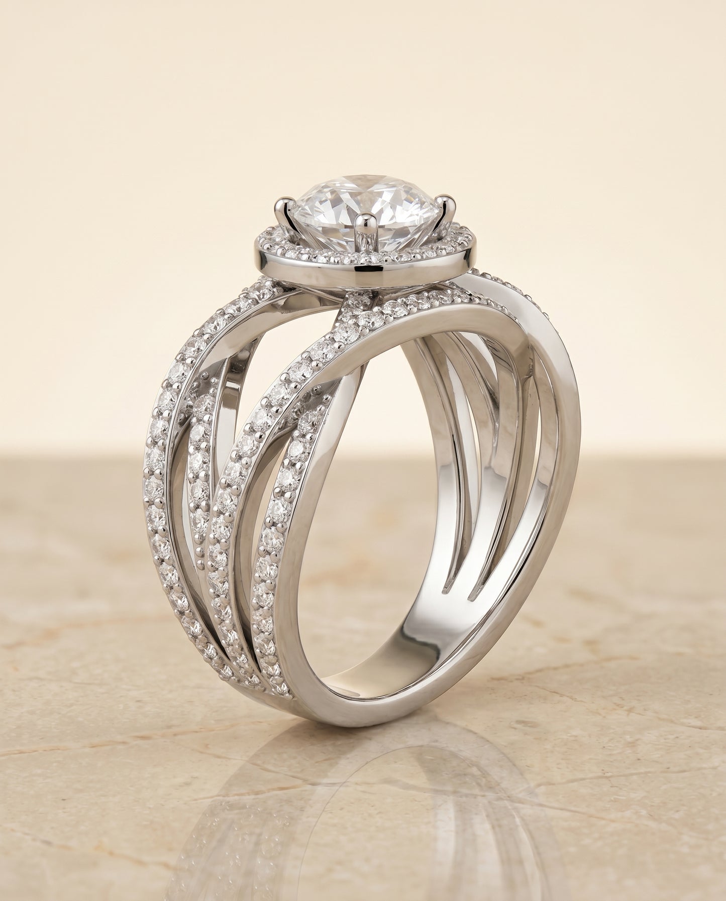 Round Brilliant, Open Intertwined Pavé Row, in Platinum – angled view | RockHer