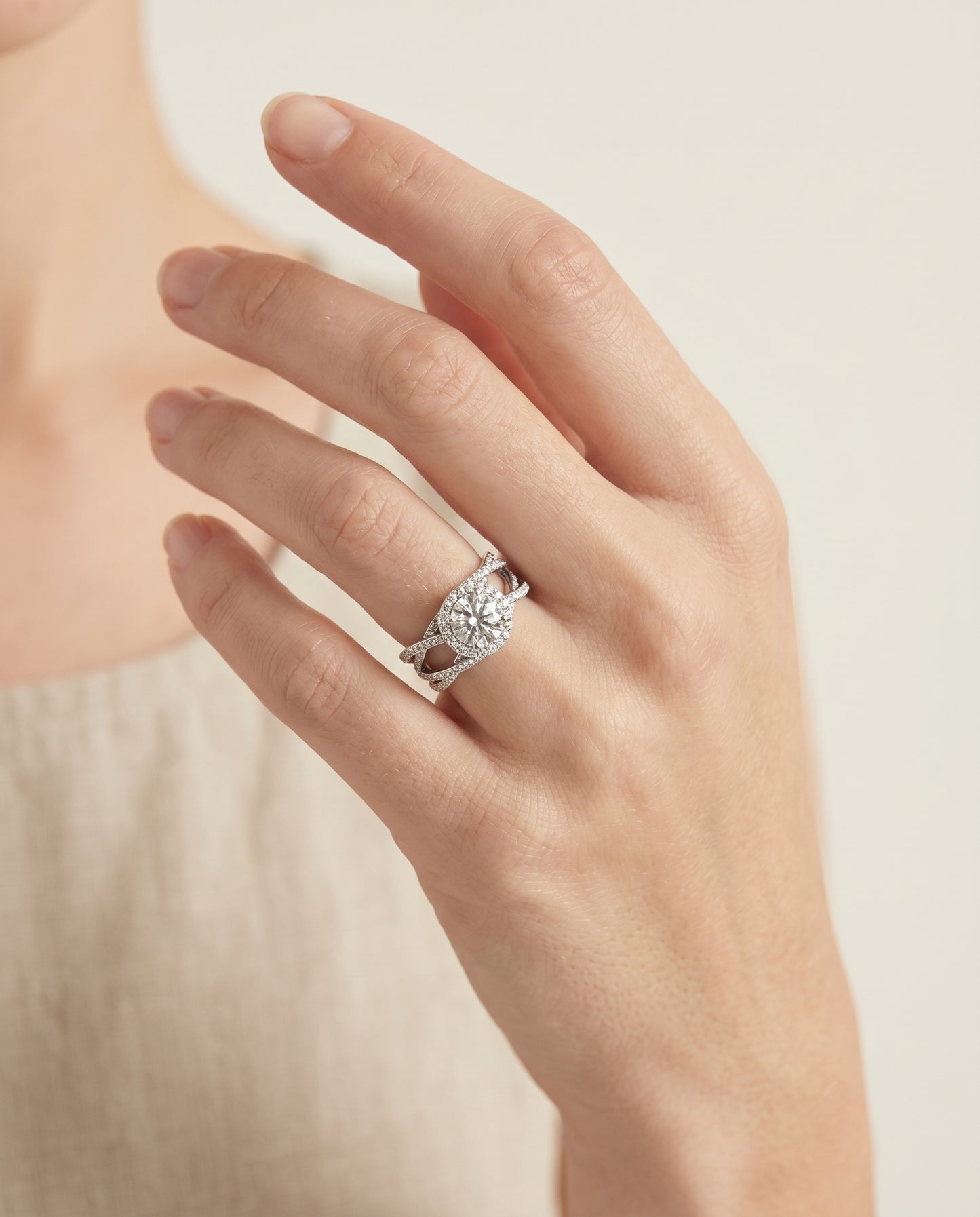 Round Brilliant, Open Intertwined Pavé Row, in Platinum – lifestyle shot | RockHer