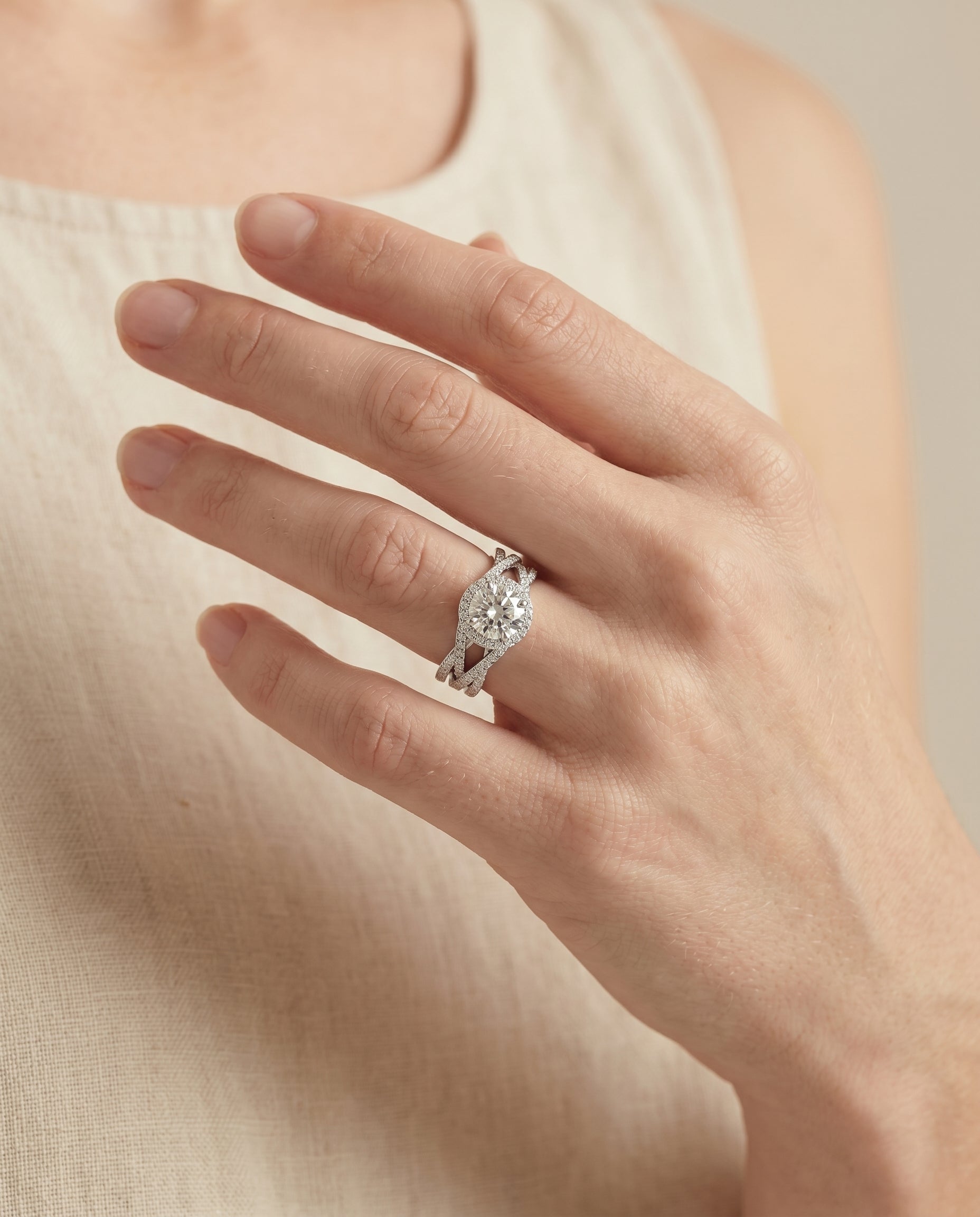 The Rosina engagement ring setting in Platinum, open intertwined pavé row design | RockHer