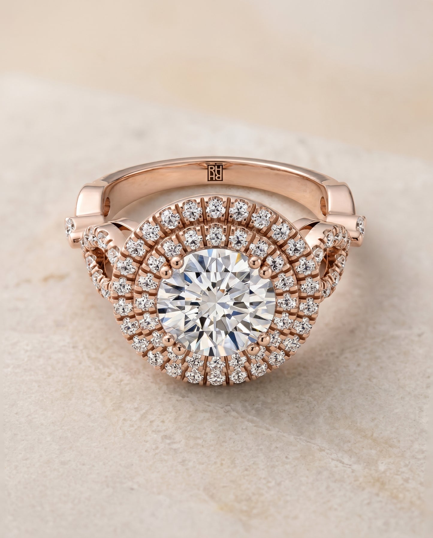 Round Brilliant, Open Side Double Halo, in 14K Rose Gold, pave setting – side profile | RockHer