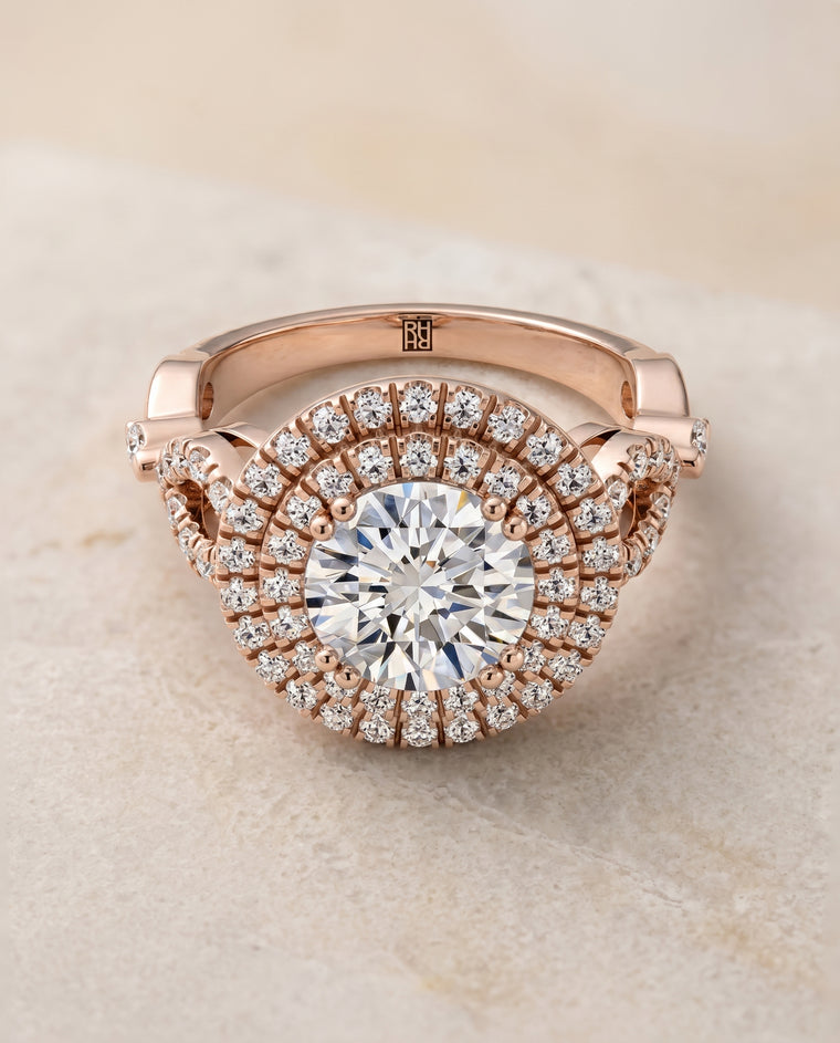 The Calypso Double Halo Round Engagement Ring Setting in 14K Rose Gold