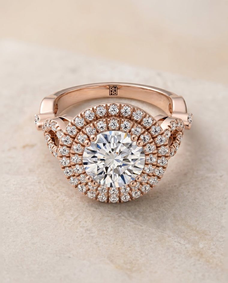 The Calypso Select Double Halo Round Lab Diamond Engagement Ring in 14K Rose Gold