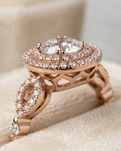 Calypso Select Double Halo Round Lab Diamond Engagement Ring in 14K Rose Gold, detail view | RockHer