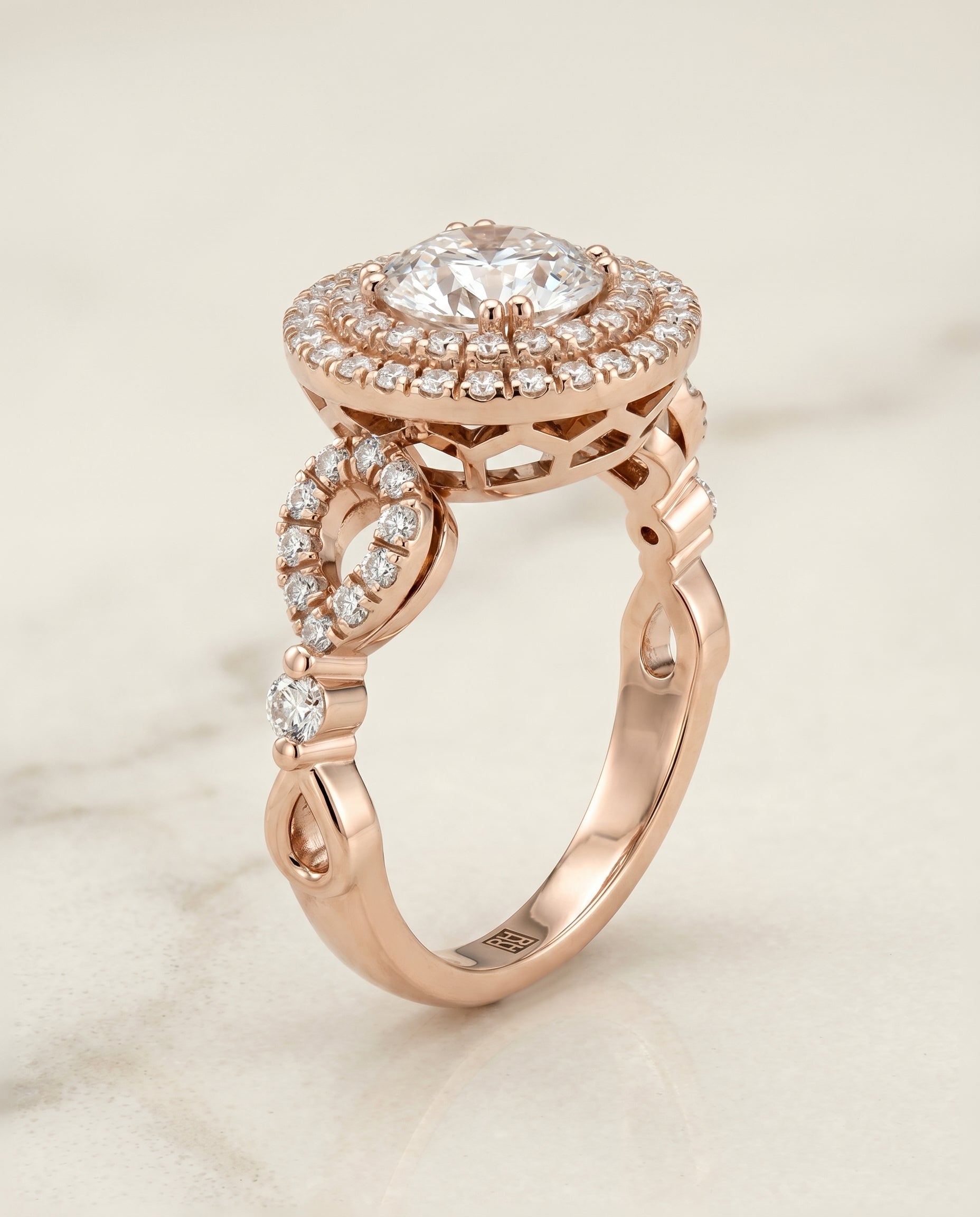 Calypso Select Double Halo Round Lab Diamond Engagement Ring in 14K Rose Gold, front view | RockHer
