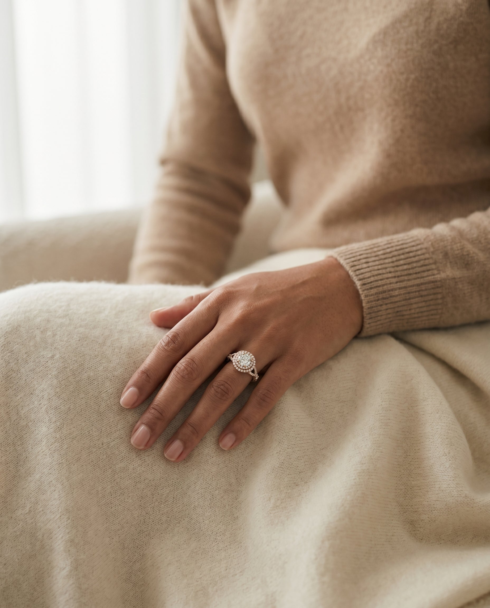 Calypso Select Double Halo Round Lab Diamond Engagement Ring in 14K Rose Gold, lifestyle | RockHer
