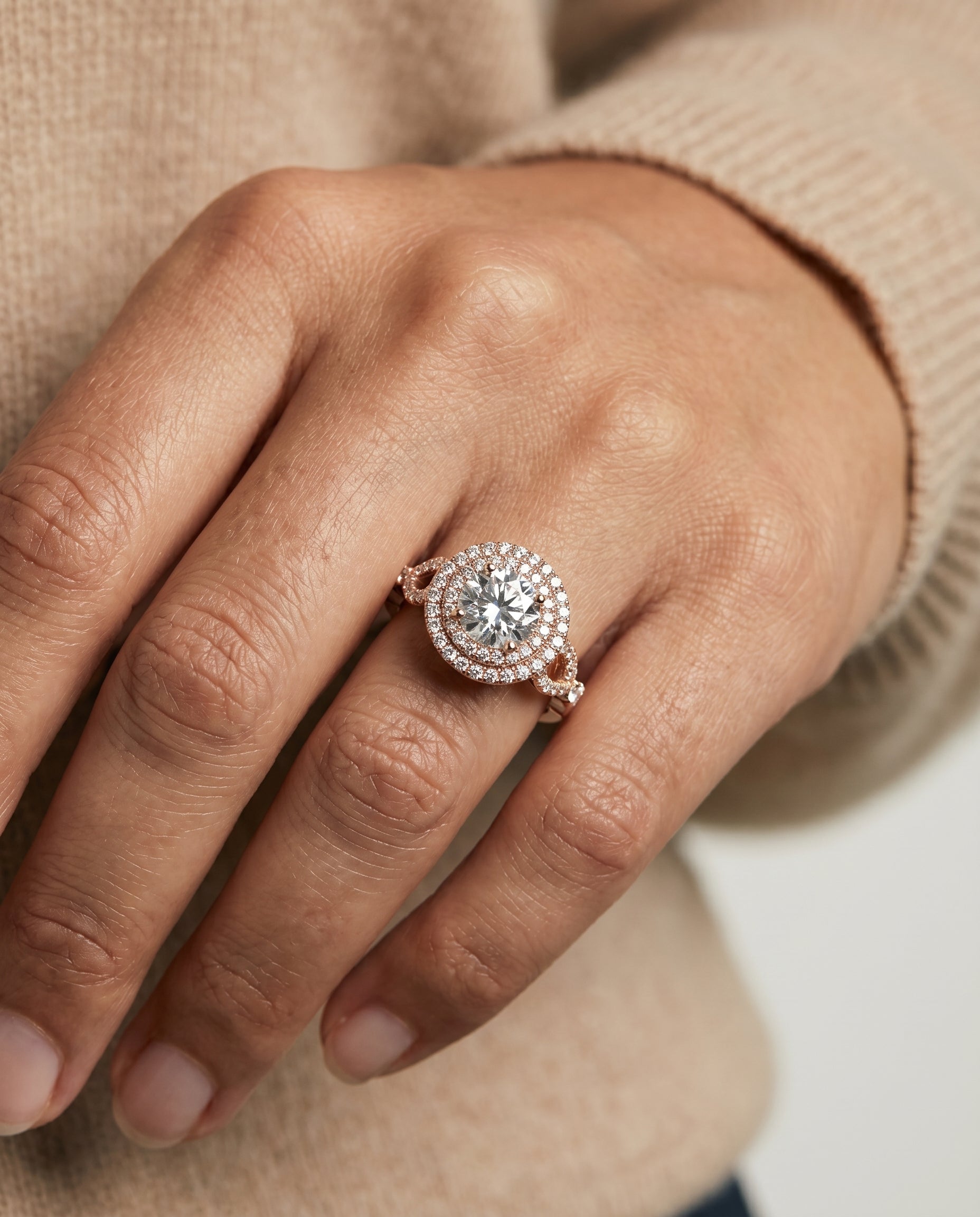 The Calypso engagement ring setting in 14K Rose Gold, double halo design | RockHer