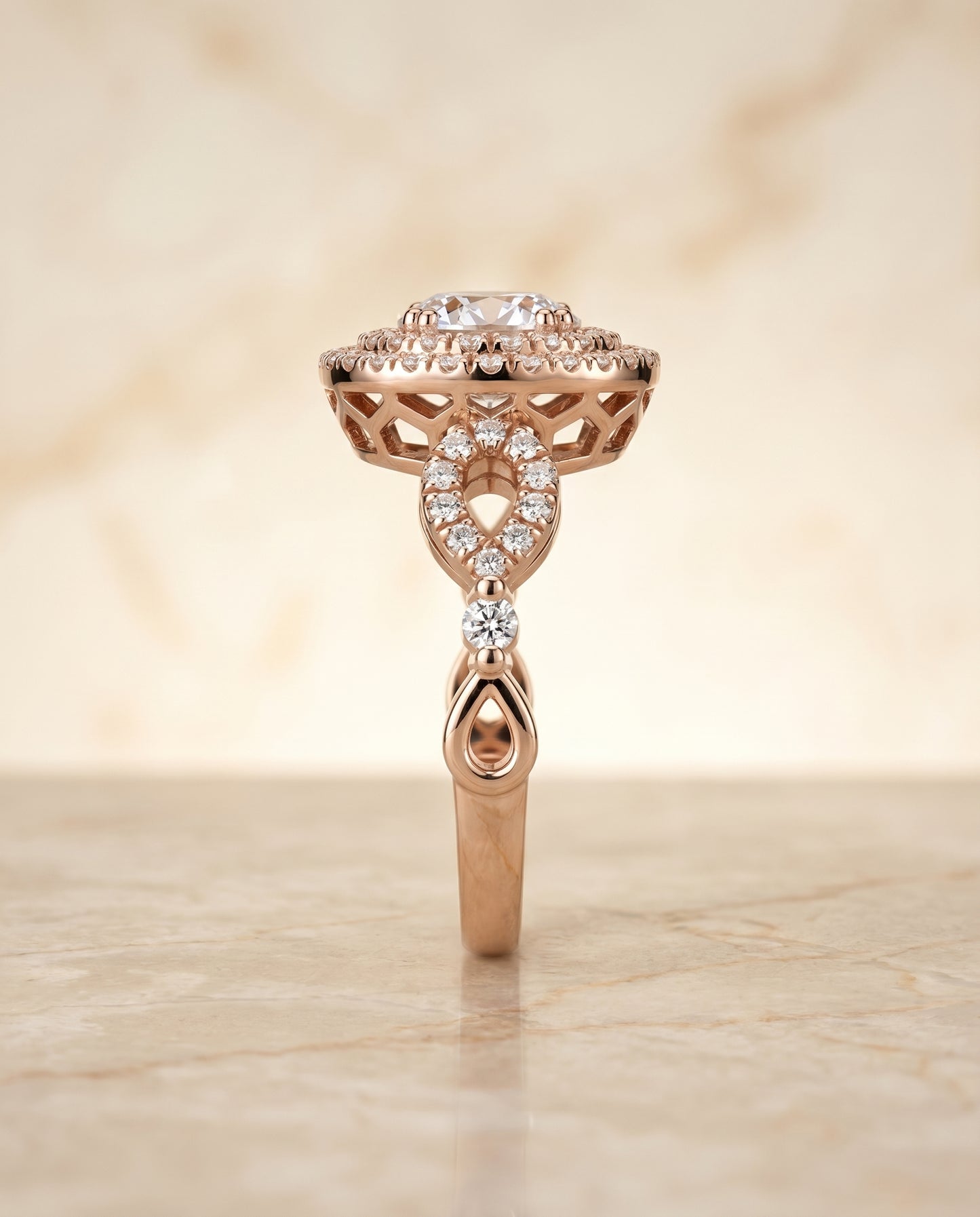 Round Brilliant, Open Side Double Halo, in 14K Rose Gold, pave setting – side profile | RockHer